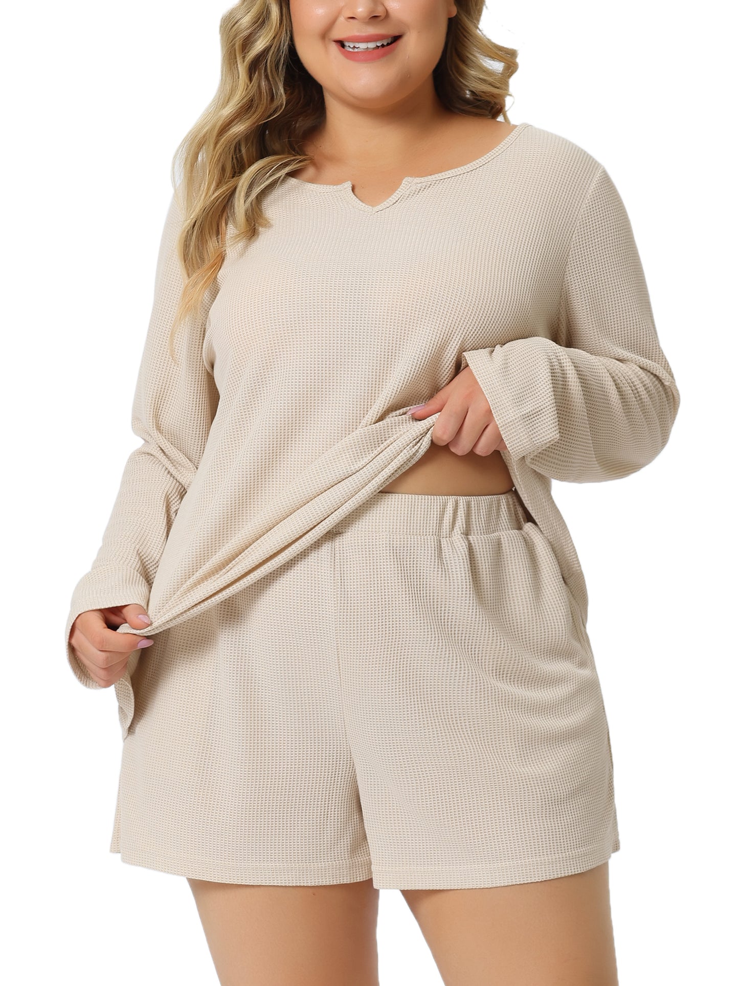 Women Plus Size Loungewear Waffle 2 Piece Long Sleeved Tops and Shorts Pajama Sweatsuits Set