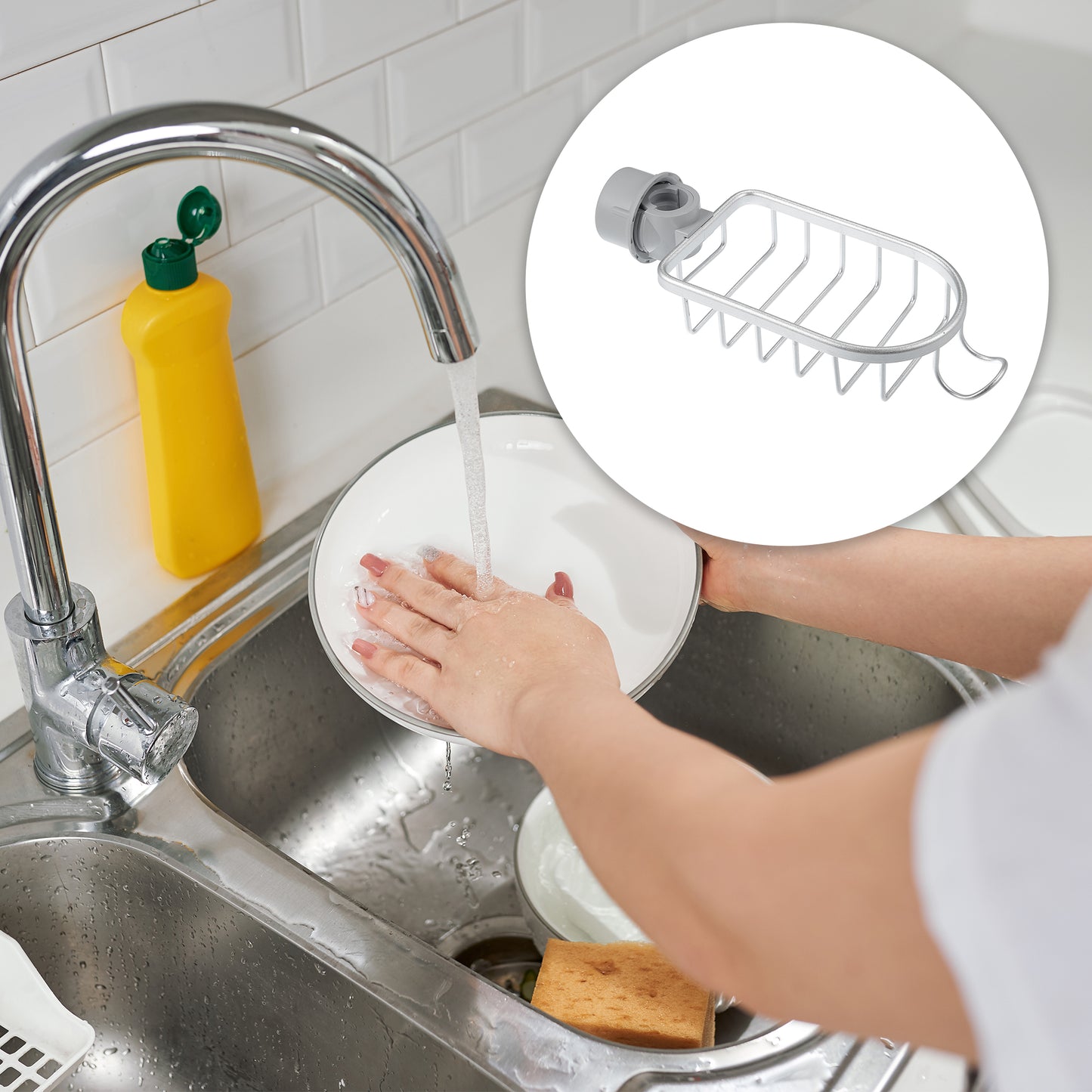 Sink Caddy Sponge Holder Faucets Caddy Organizer, 10.83"x4.25"x2.64" Silver Tone