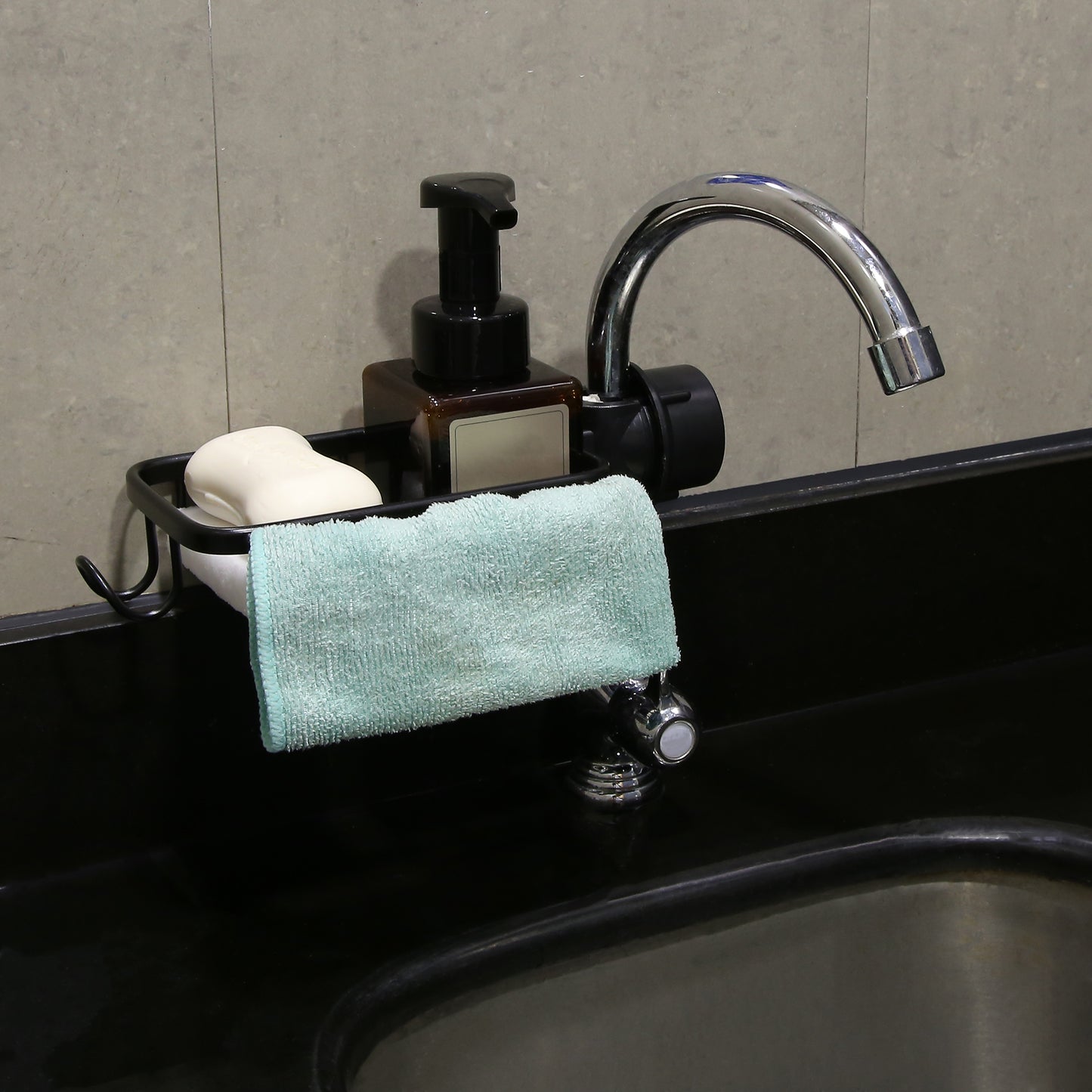 Sink Caddy Sponge Holder, Square Aluminum Faucets Caddy Organizer, 10.24"x5.71"x2.56" Black