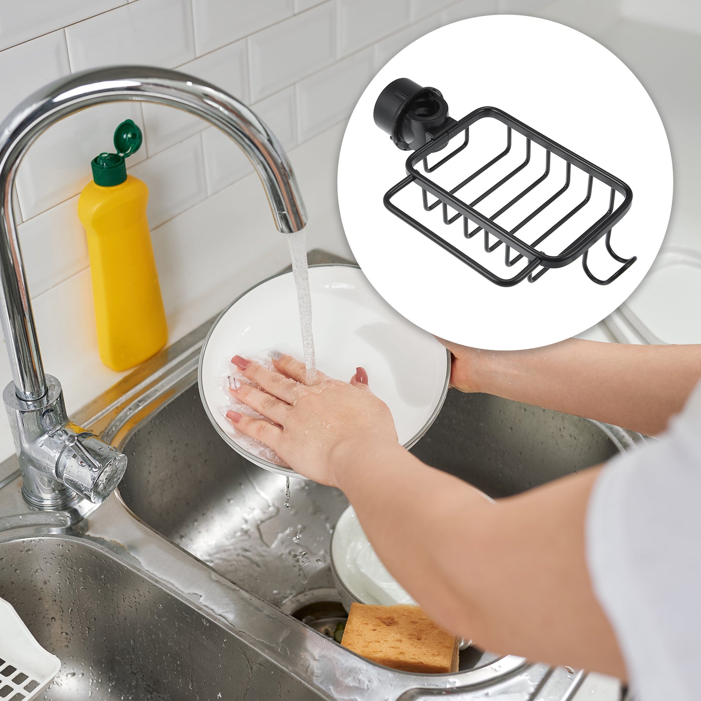 Sink Caddy Sponge Holder, Square Aluminum Faucets Caddy Organizer, 10.24"x5.71"x2.56" Black