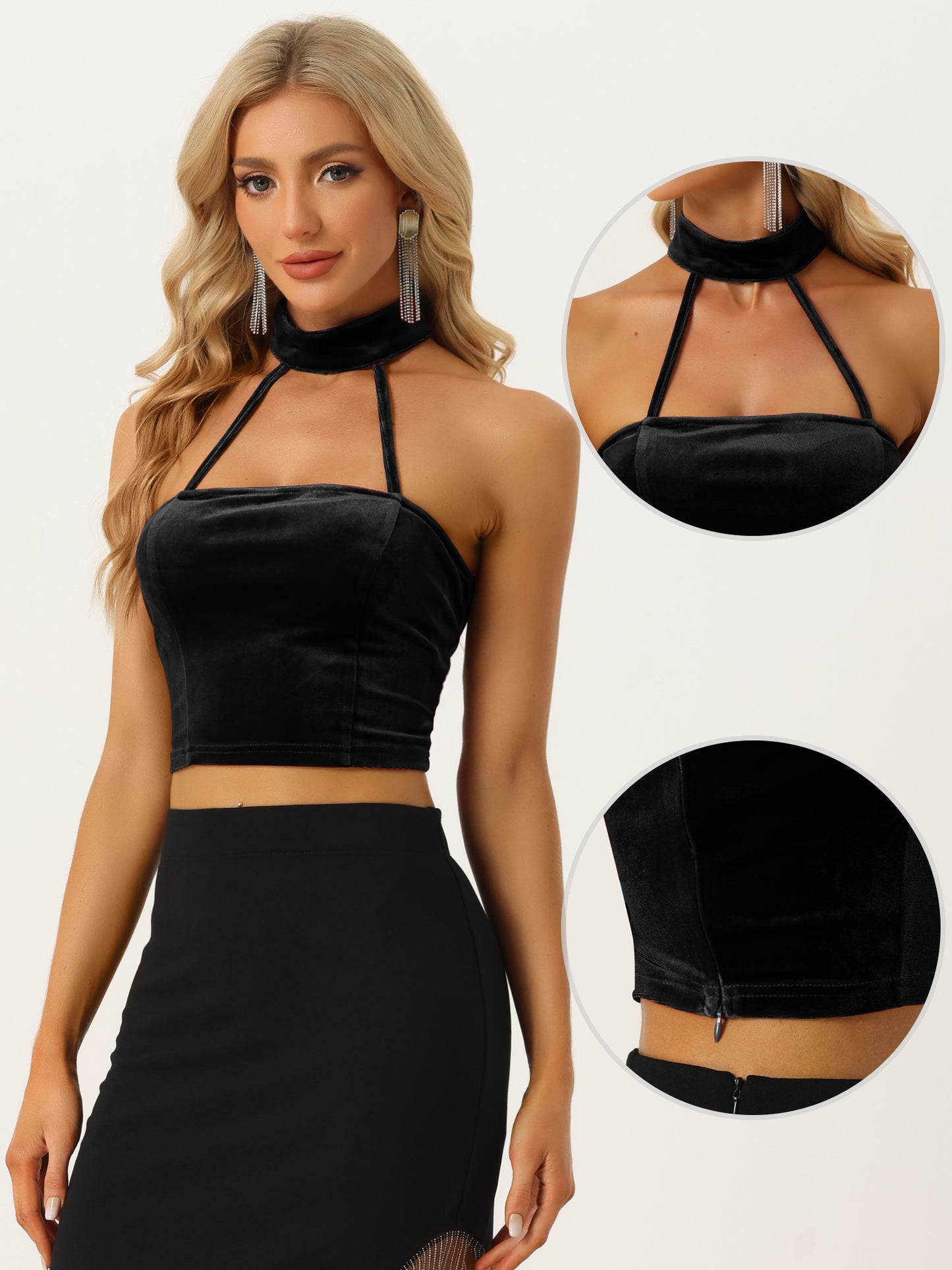 Women's Gothic Velvet Halter Cold Shoulder Camis Party Tanks Punk Sleeveless Crop Top