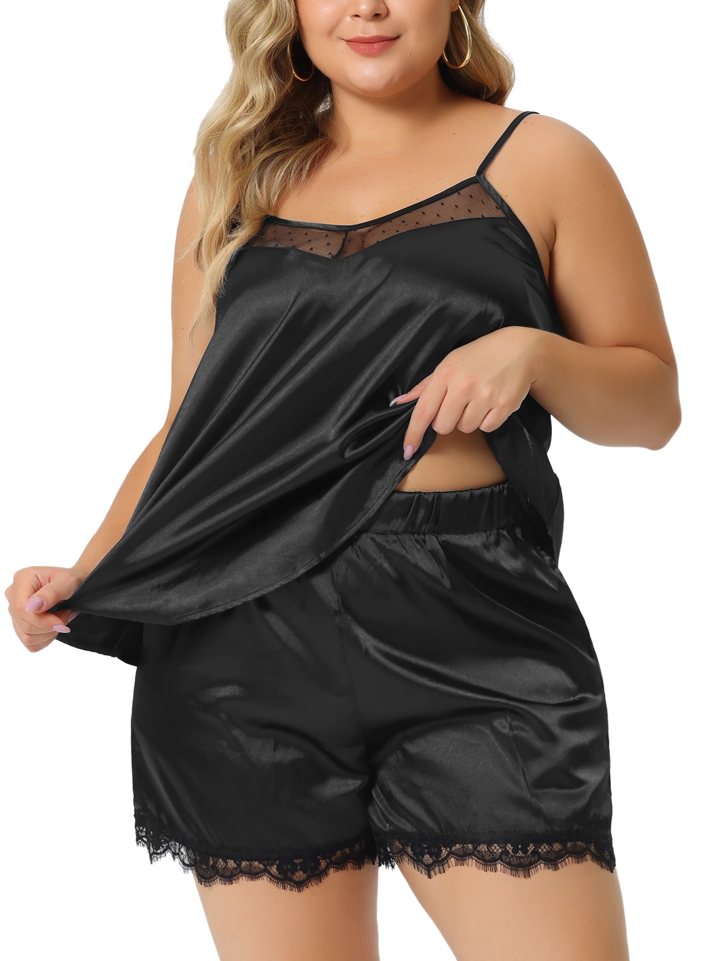 Women Plus Size Satin Lace Pajama Sets Lingerie Sleepwear 2 Piece Cami Shorts Set