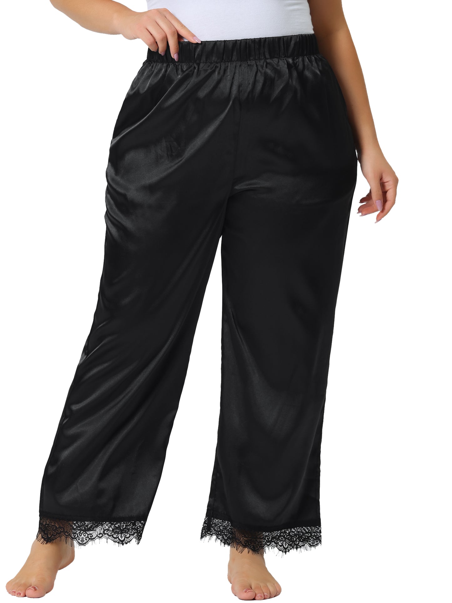 Women Plus Size Lounge Pants Satin Lace Trim Elastic Wide Leg Pockets Sleepwear Pajama Pants