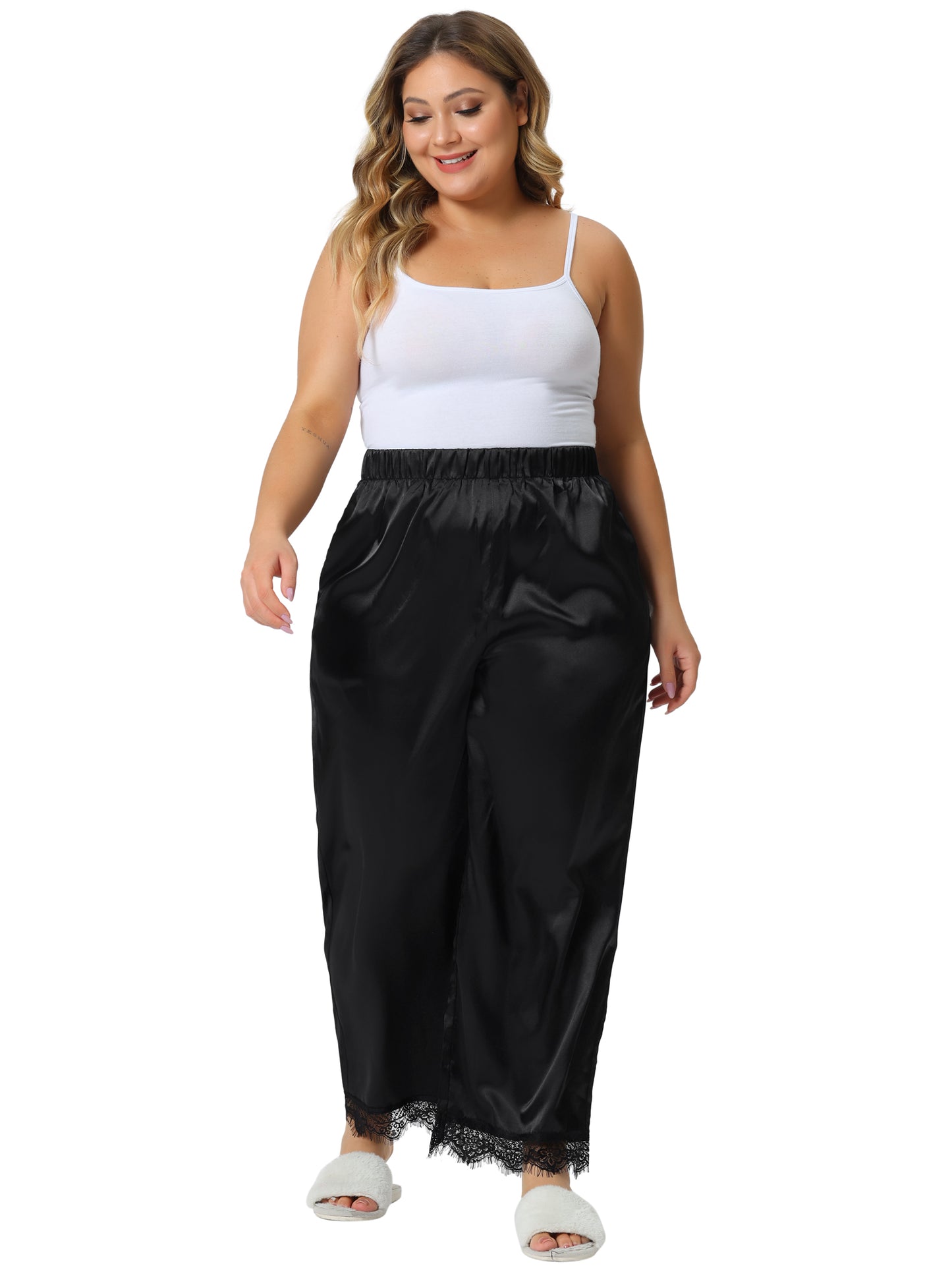 Women Plus Size Lounge Pants Satin Lace Trim Elastic Wide Leg Pockets Sleepwear Pajama Pants