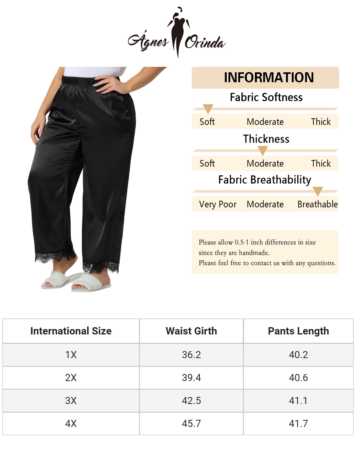 Women Plus Size Lounge Pants Satin Lace Trim Elastic Wide Leg Pockets Sleepwear Pajama Pants