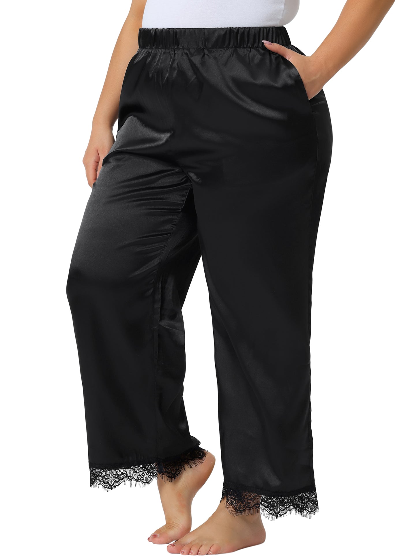 Women Plus Size Lounge Pants Satin Lace Trim Elastic Wide Leg Pockets Sleepwear Pajama Pants