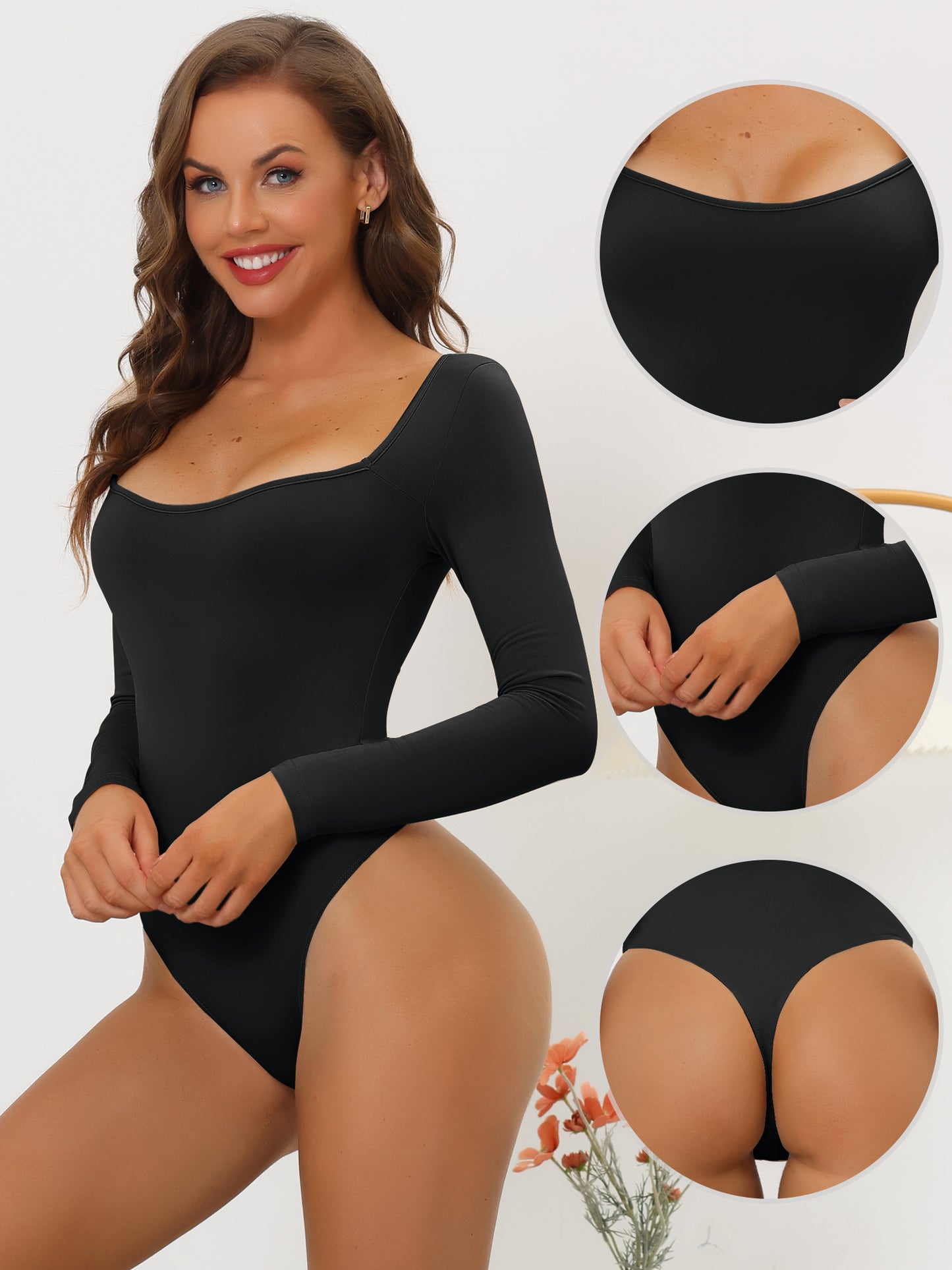 Women's Long Sleeve Slim Fit Stretchy Square Neck Leotard Jumpsuit