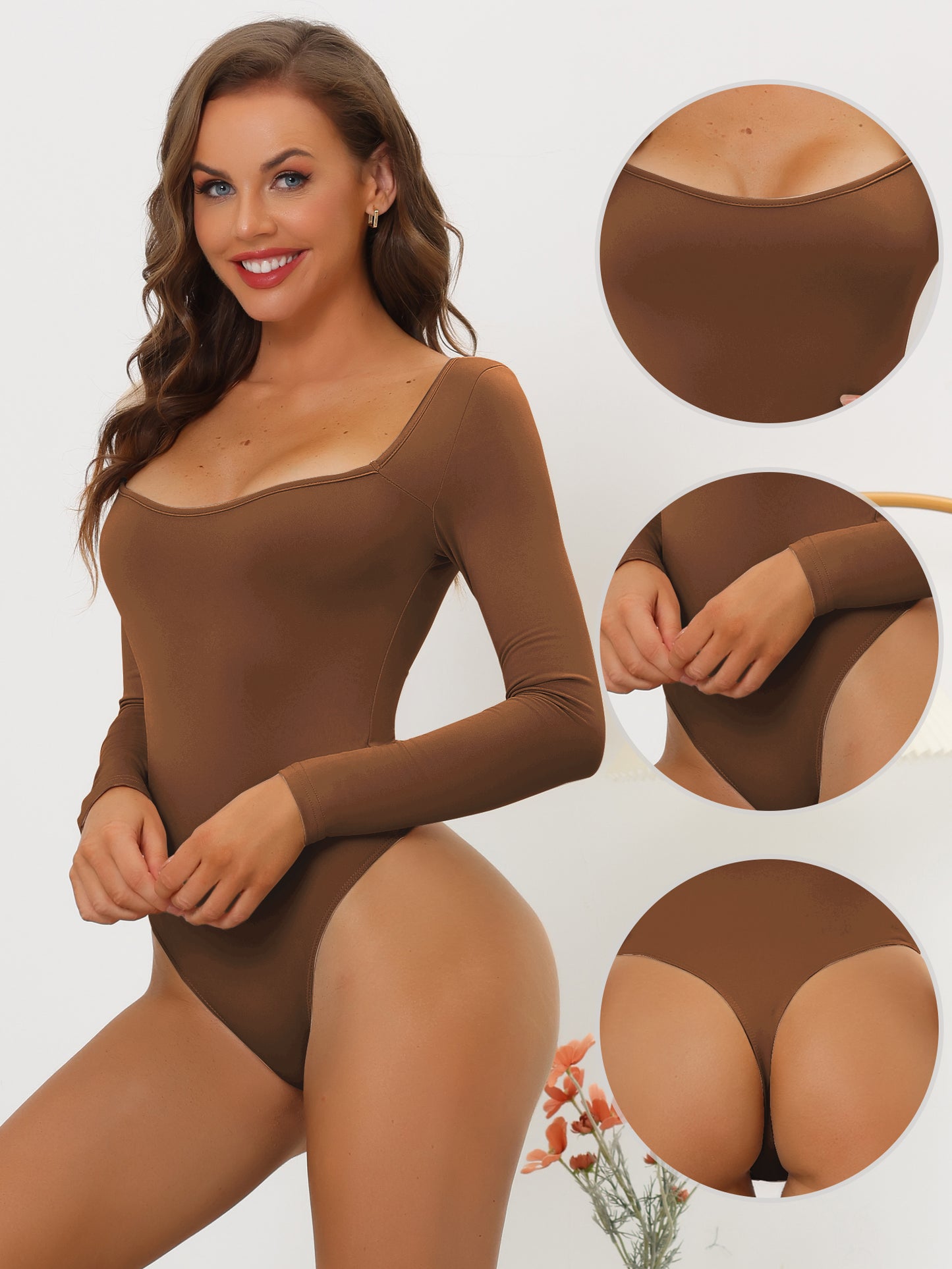 Women's Long Sleeve Slim Fit Stretchy Square Neck Leotard Jumpsuit