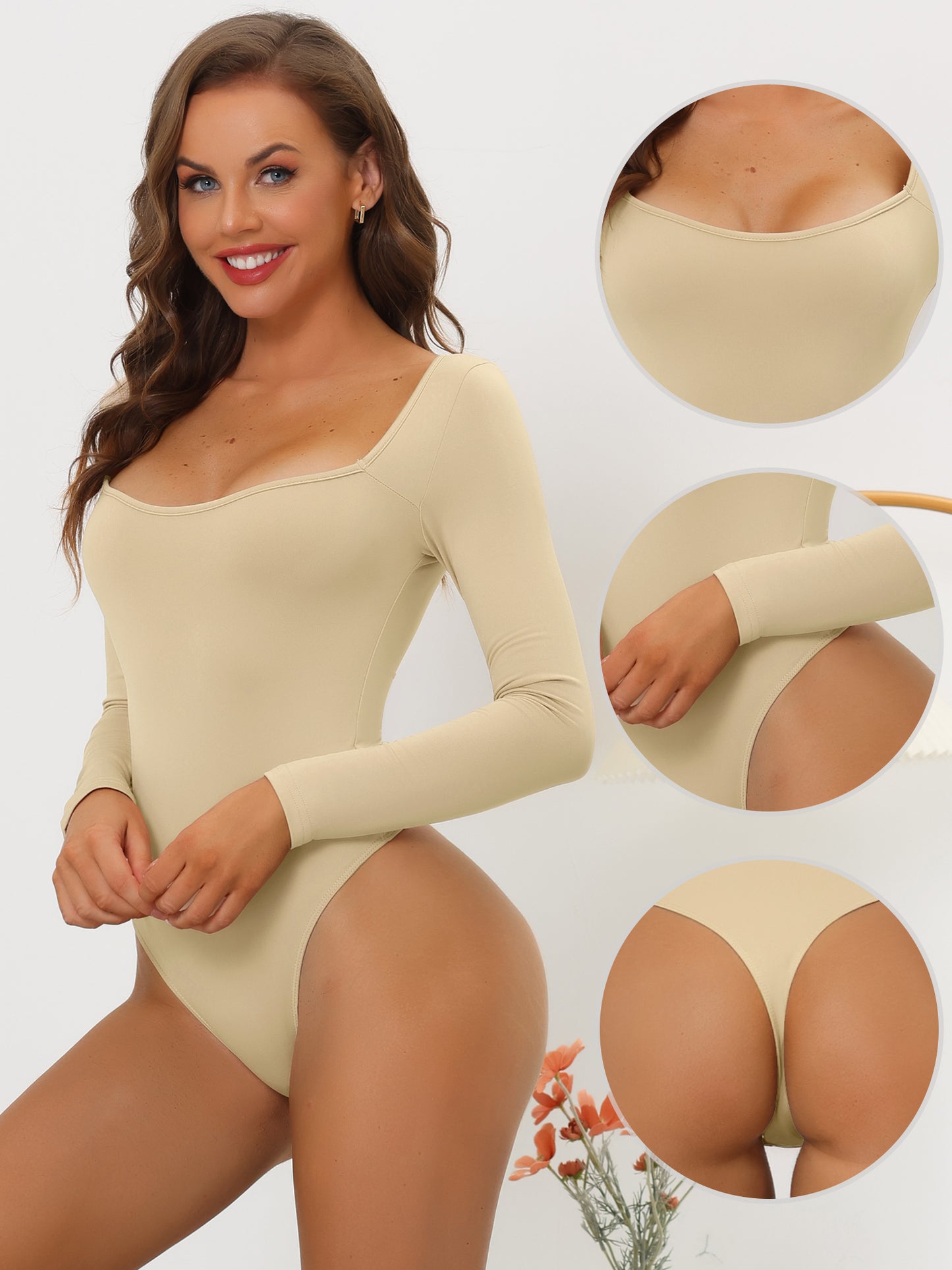 Women's Long Sleeve Slim Fit Stretchy Square Neck Leotard Jumpsuit
