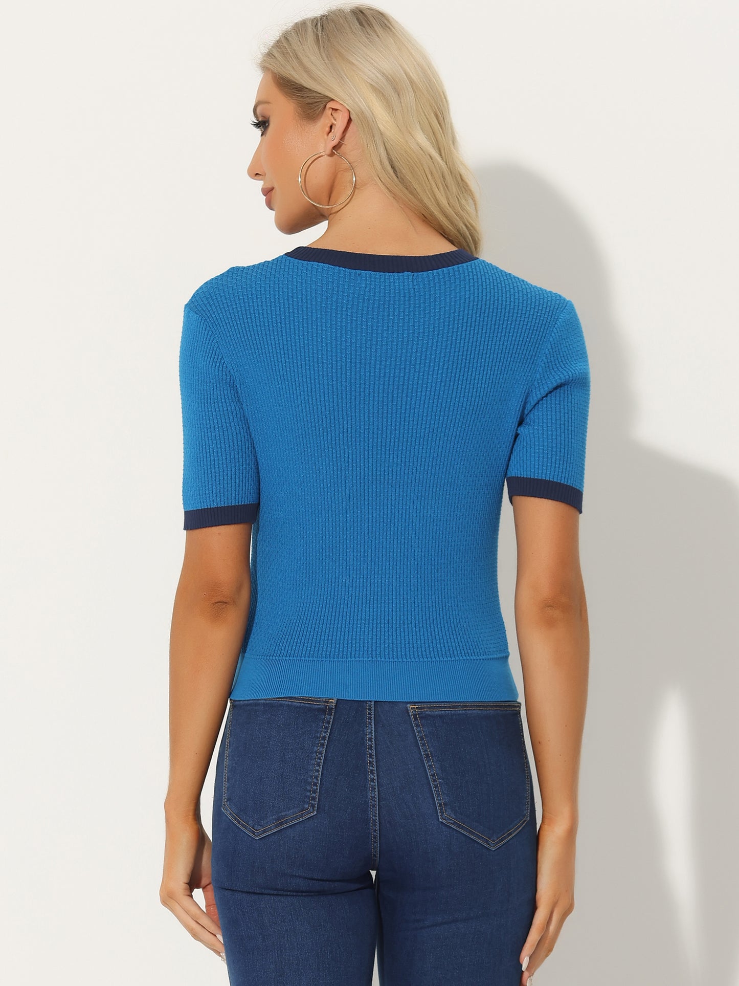 Women's Summer Knitted Top Casual Short Sleeve Crewneck Color Block Waffle Knitwear
