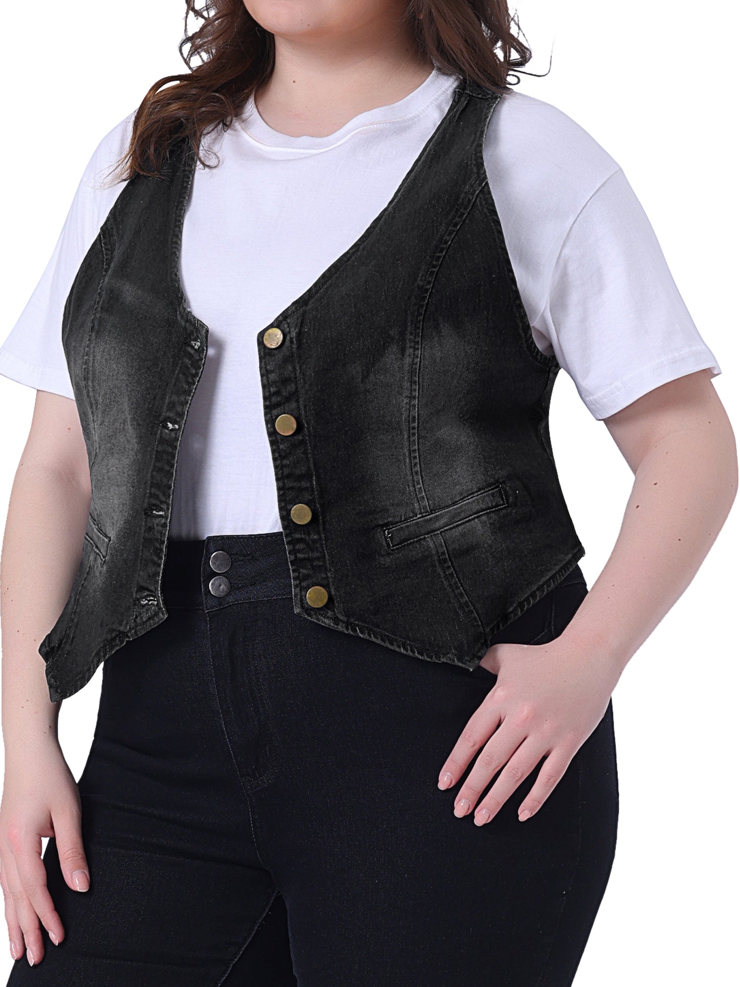 Women Plus Size Denim Vest Jean Top Button Down Waistcoat Casual Sleeveless Jacket