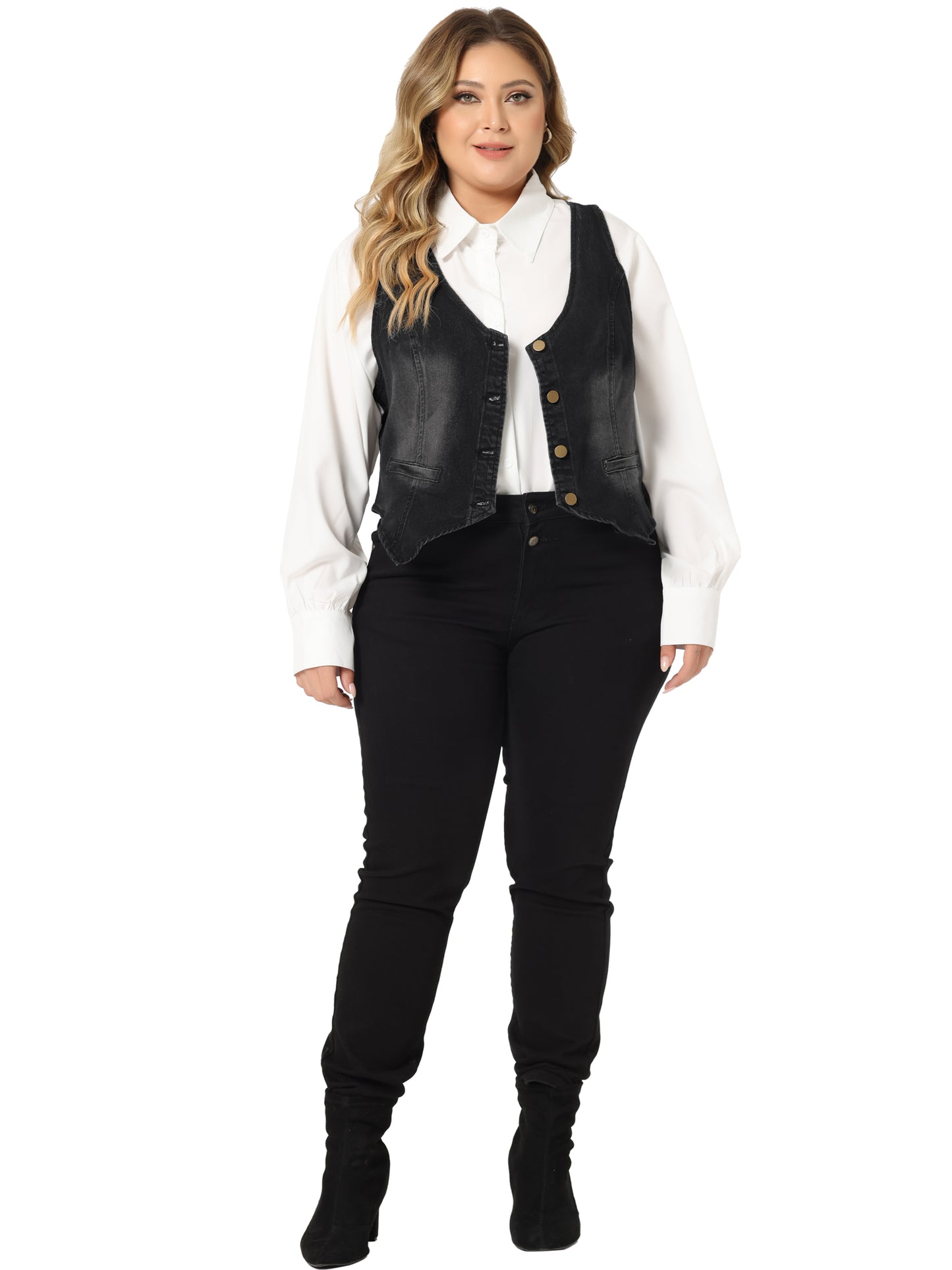 Women Plus Size Denim Vest Jean Top Button Down Waistcoat Casual Sleeveless Jacket