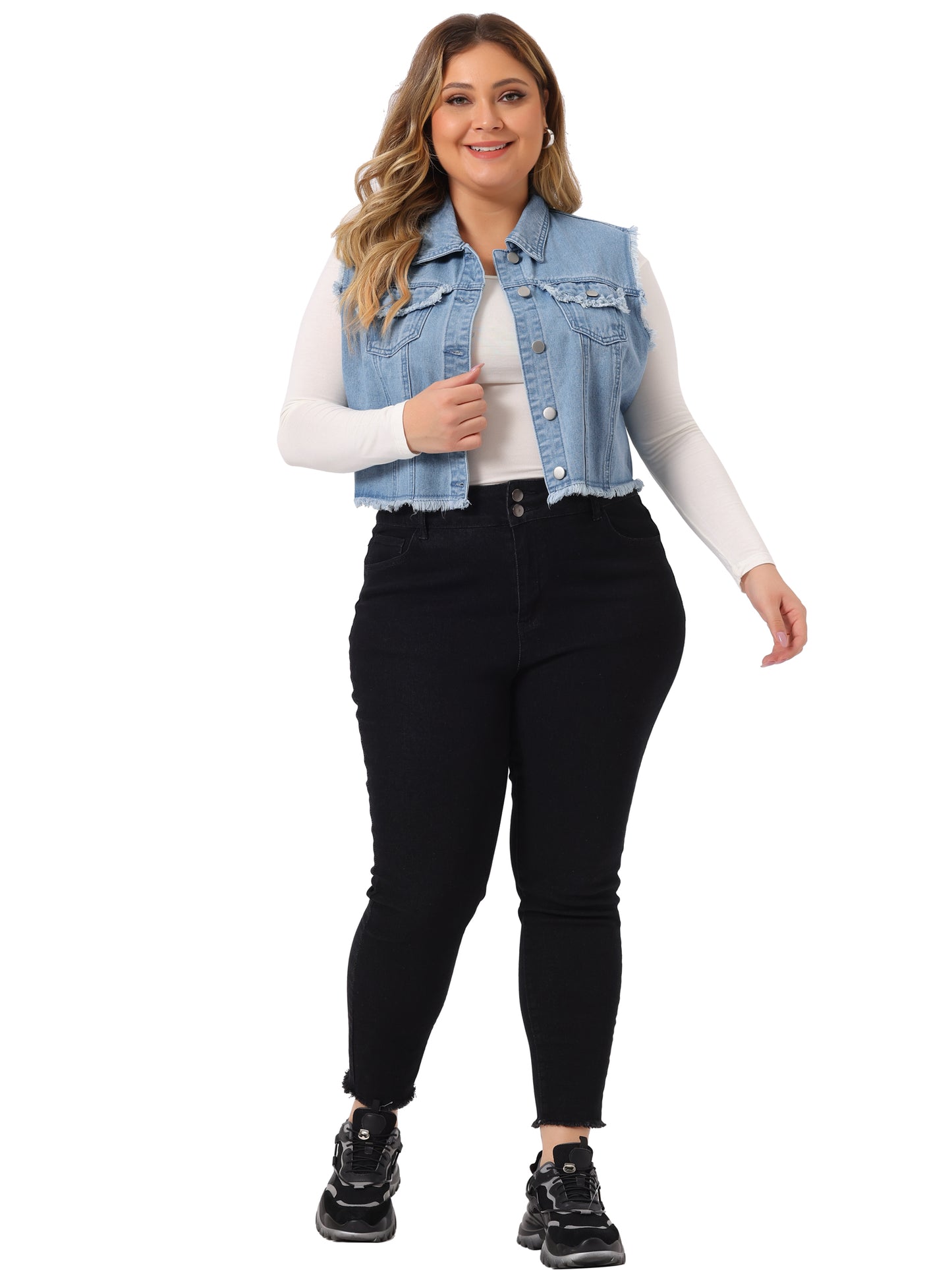 Women Plus Size Denim Jacket Button Down Distressed Sleeveless Jean Vest