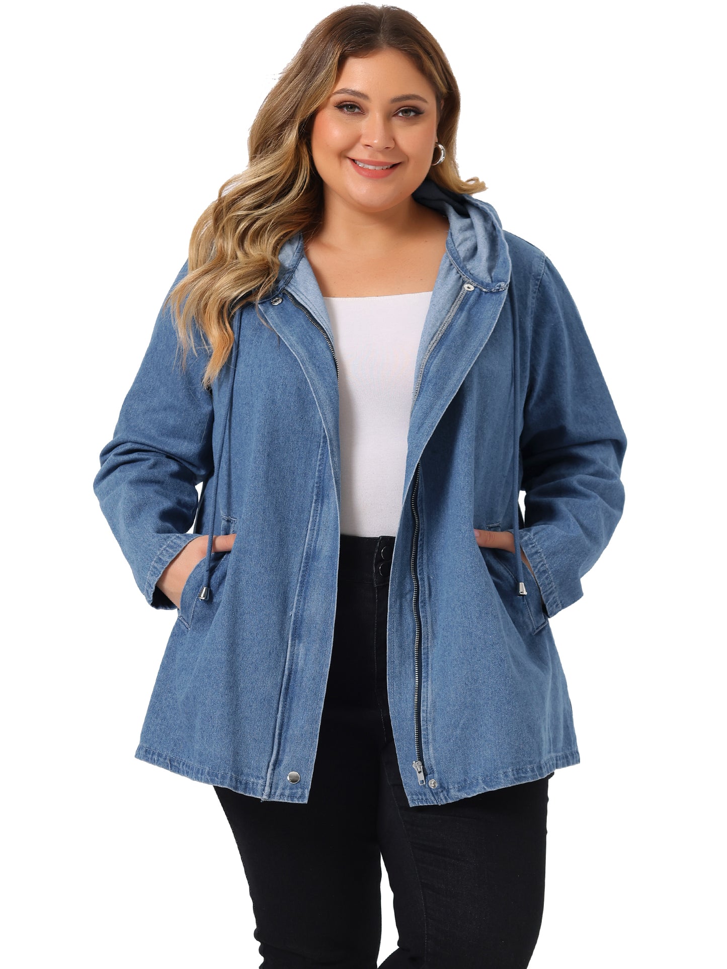 Women Plus Size Denim Jackets with Hood Layered Drawstring Utility Pockets Jean Jacket