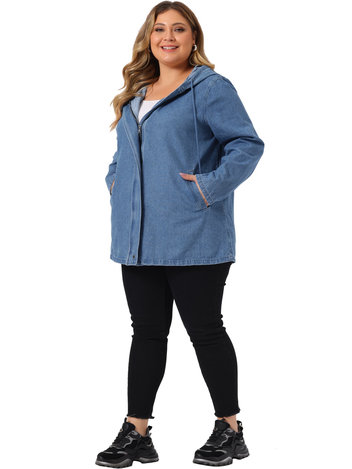 Women Plus Size Denim Jackets with Hood Layered Drawstring Utility Pockets Jean Jacket