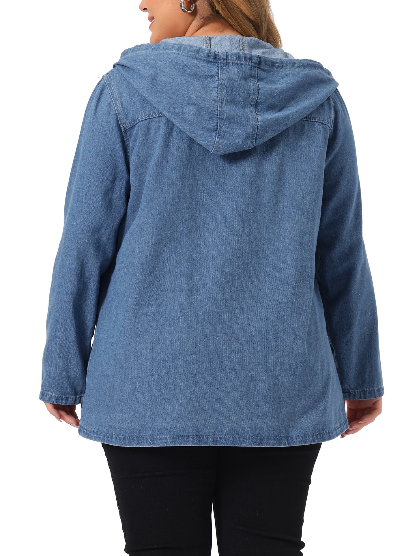 Women Plus Size Denim Jackets with Hood Layered Drawstring Utility Pockets Jean Jacket