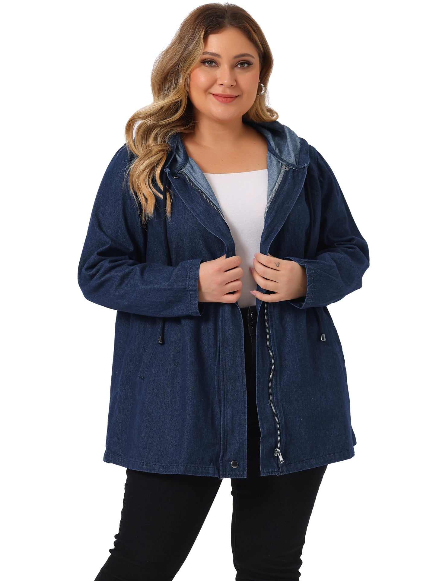 Women Plus Size Denim Jackets with Hood Layered Drawstring Utility Pockets Jean Jacket