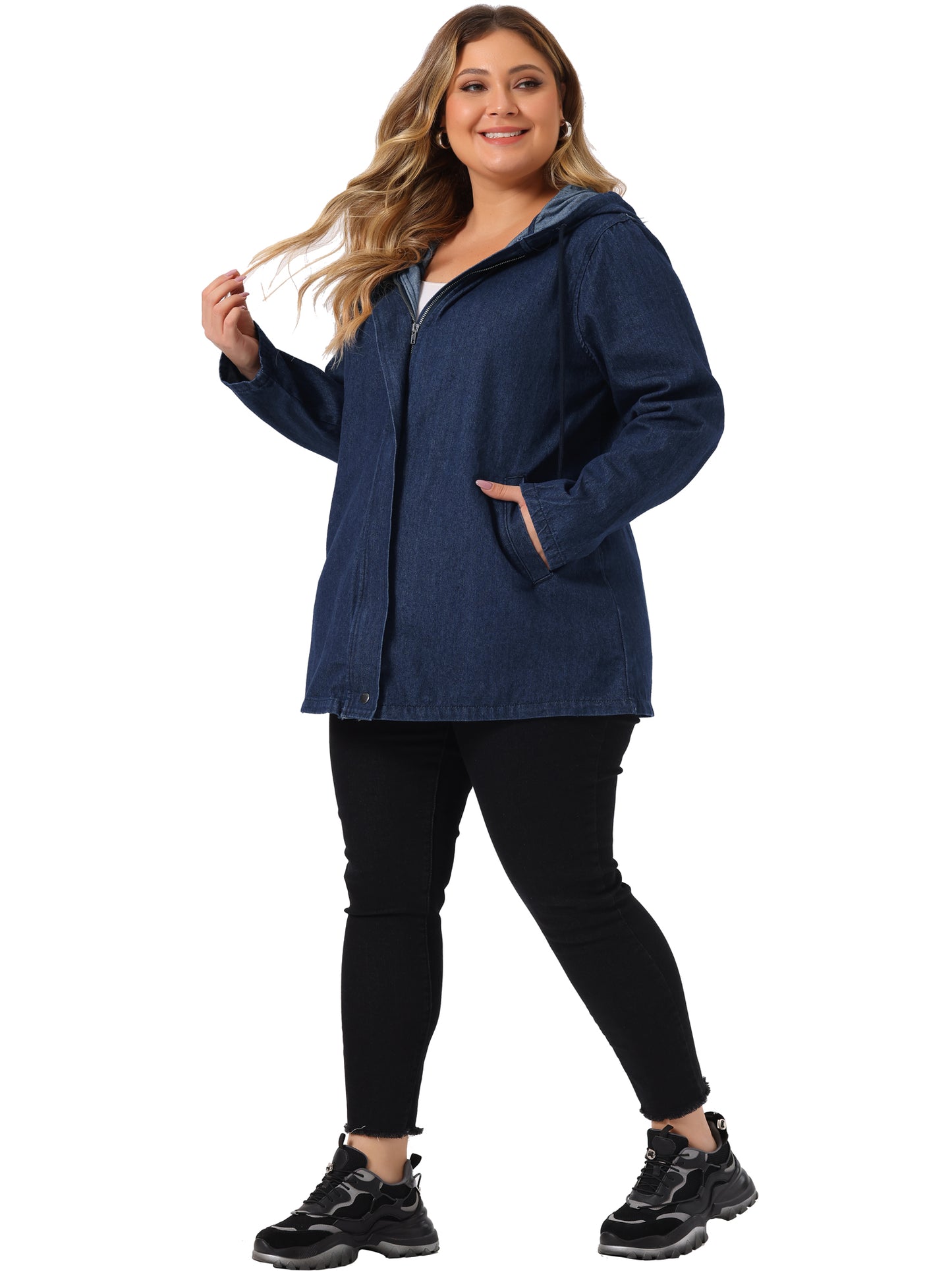 Women Plus Size Denim Jackets with Hood Layered Drawstring Utility Pockets Jean Jacket