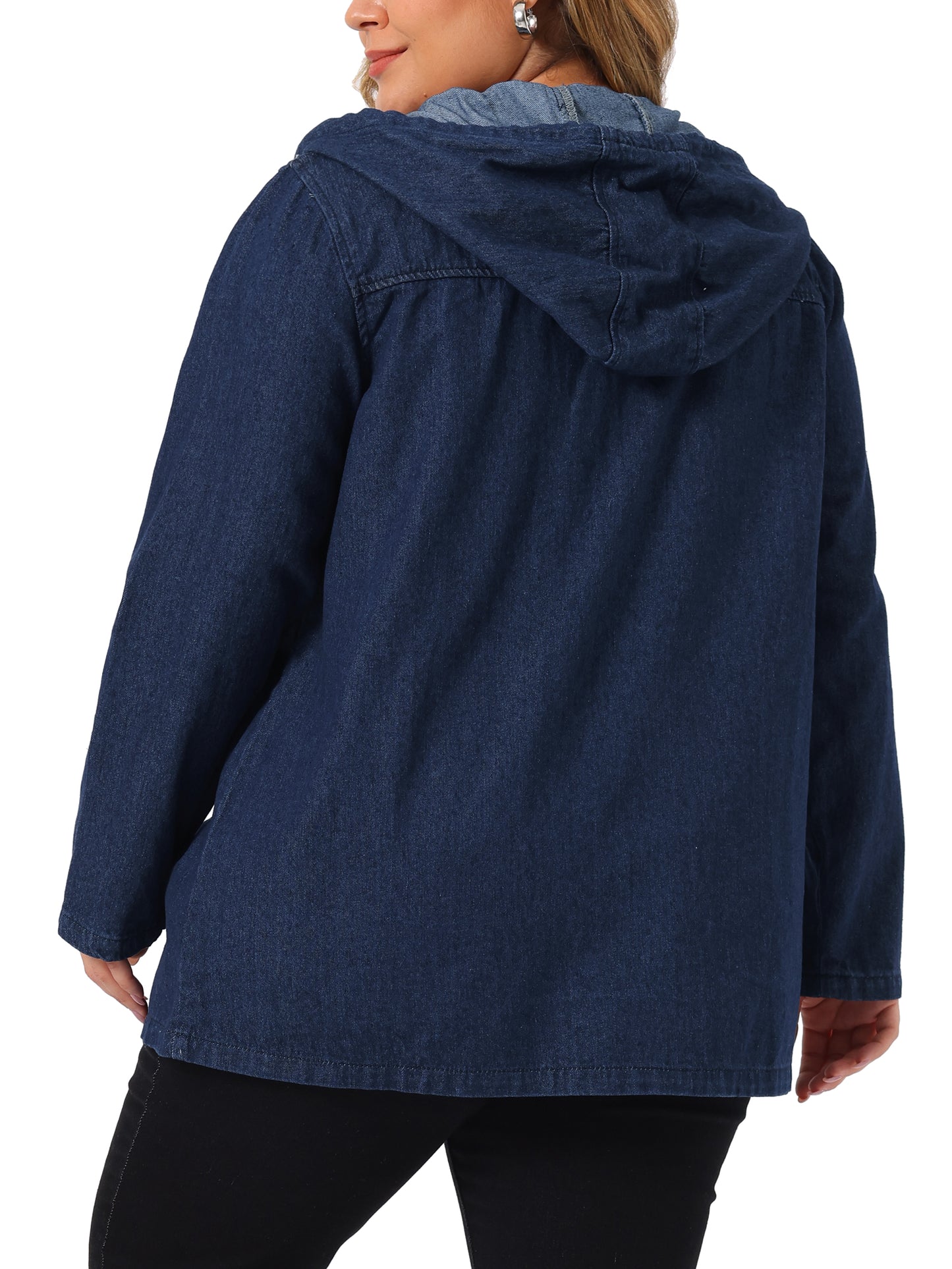 Women Plus Size Denim Jackets with Hood Layered Drawstring Utility Pockets Jean Jacket