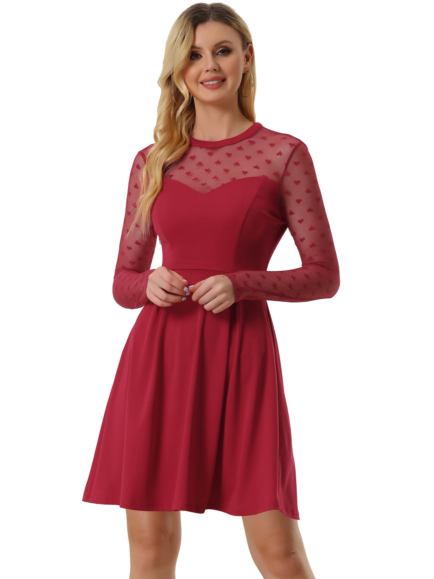 Women's Heart Mesh Sheer Long Sleeve Cocktail Party Skater Dress