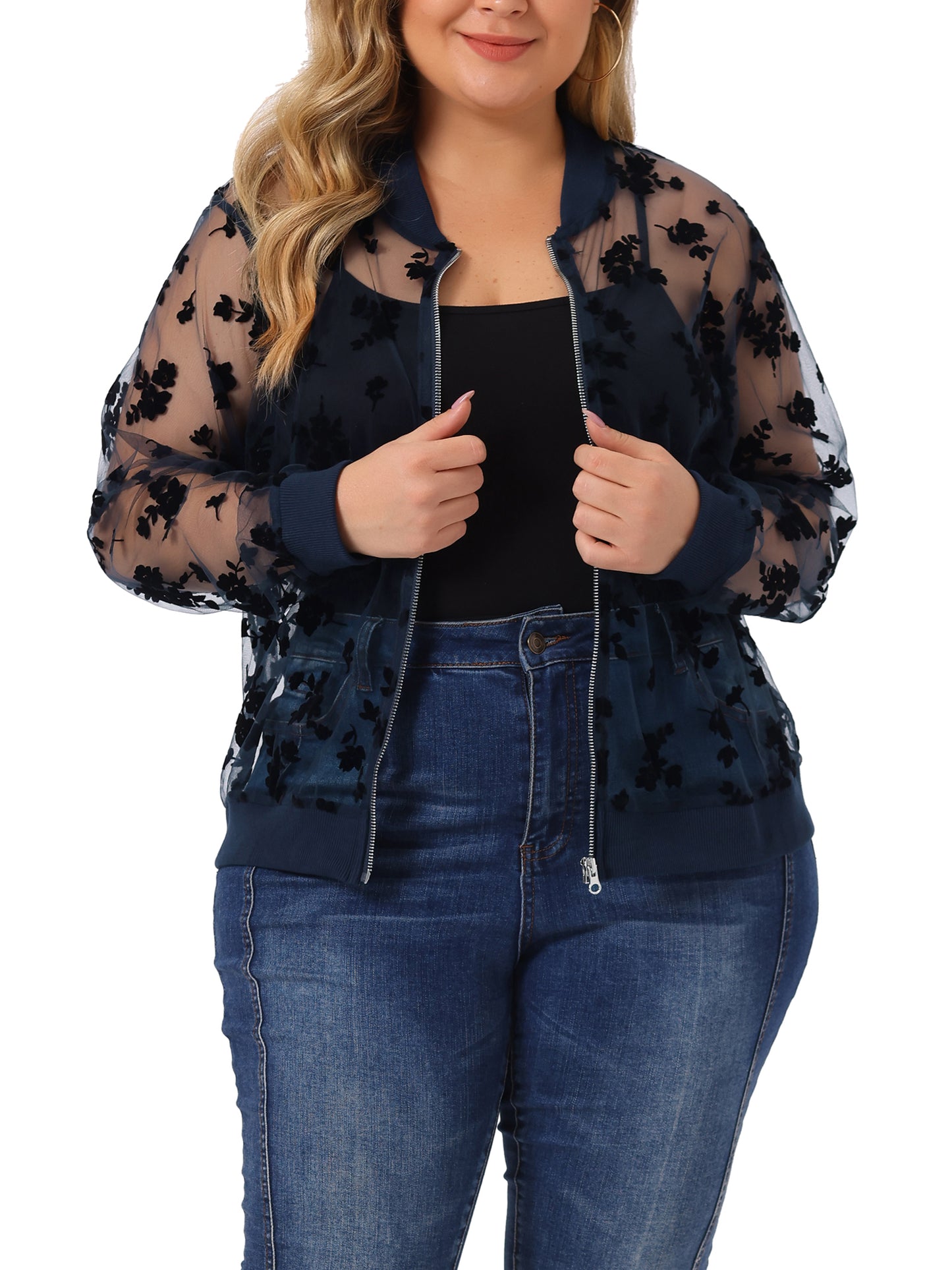 Women Plus Size Jacket Sheer Floral Lace Long Sleeve Baseball Jacket