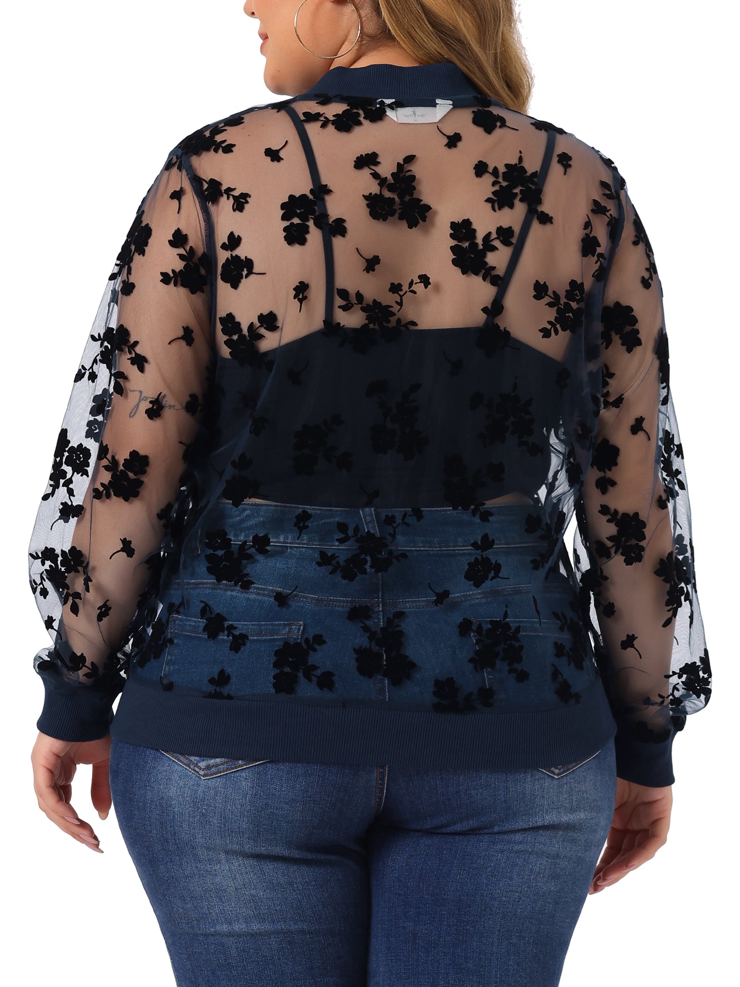 Women Plus Size Jacket Sheer Floral Lace Long Sleeve Baseball Jacket