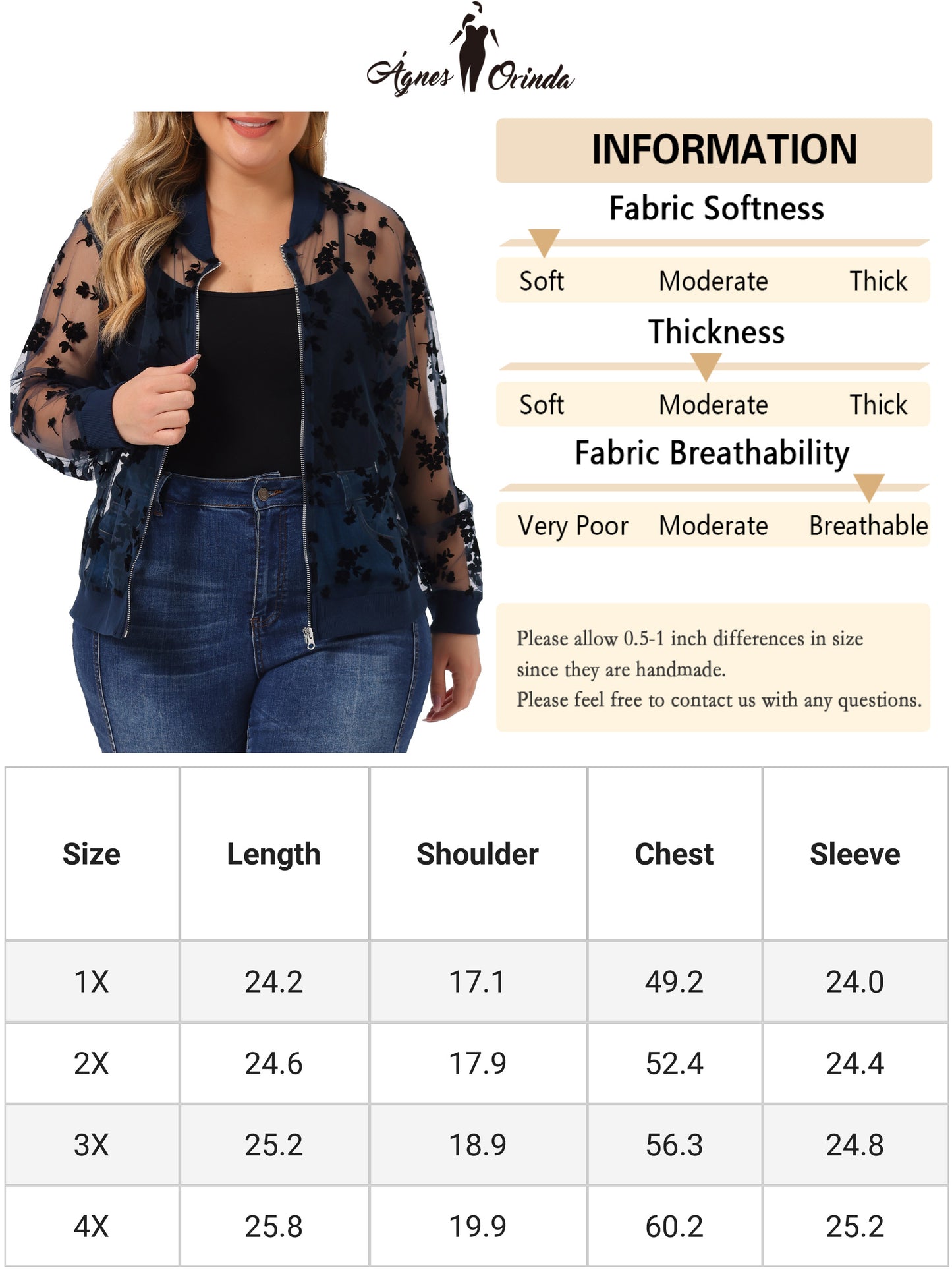 Women Plus Size Jacket Sheer Floral Lace Long Sleeve Baseball Jacket