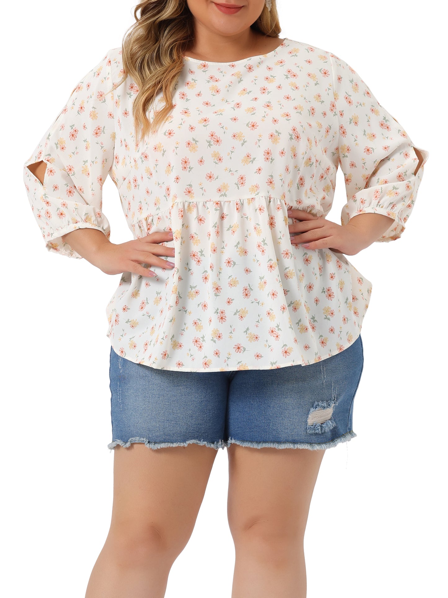 Women Plus Size Floral Blouse Cut Out 3/4 Sleeve Babydoll Peplum Top