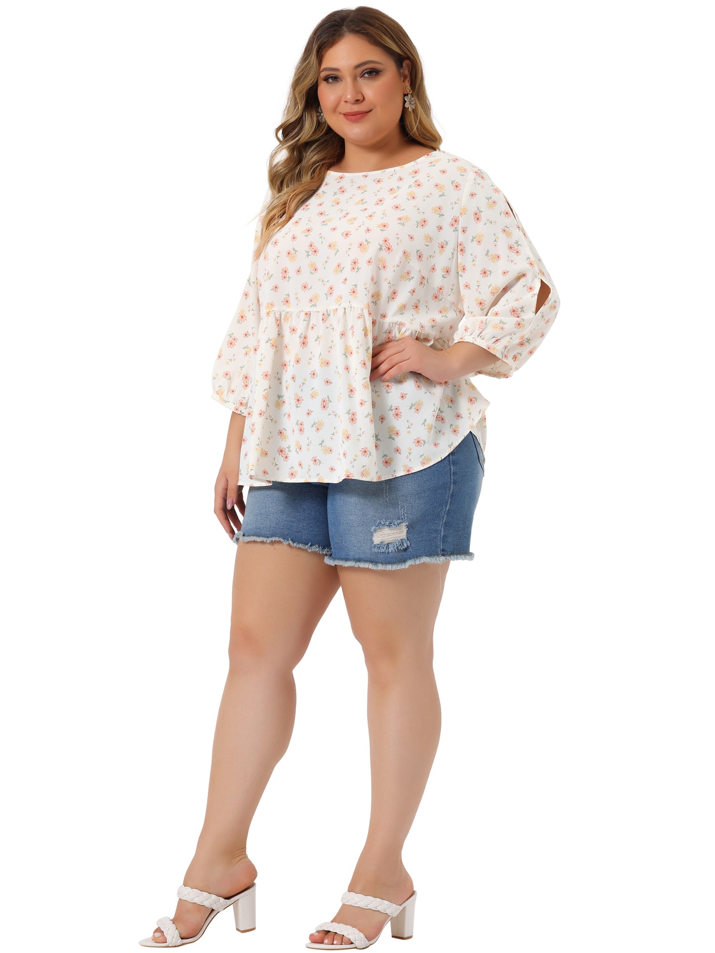 Women Plus Size Floral Blouse Cut Out 3/4 Sleeve Babydoll Peplum Top