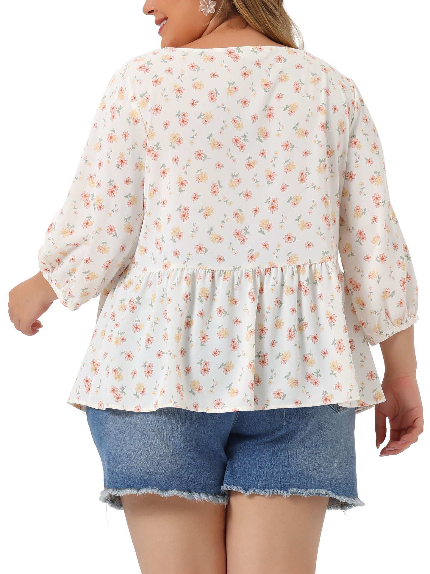 Women Plus Size Floral Blouse Cut Out 3/4 Sleeve Babydoll Peplum Top