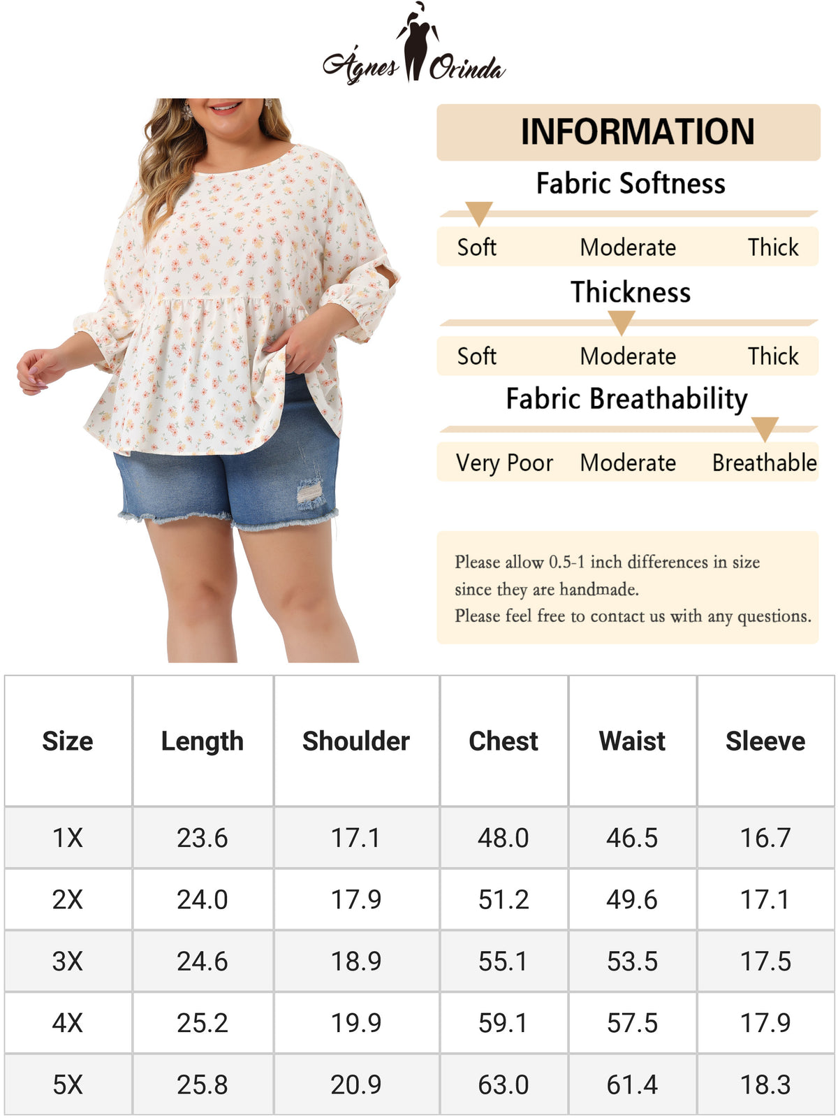 Blusa babydoll con peplum y mangas 3/4 con estampado floral para mujer, talla grande