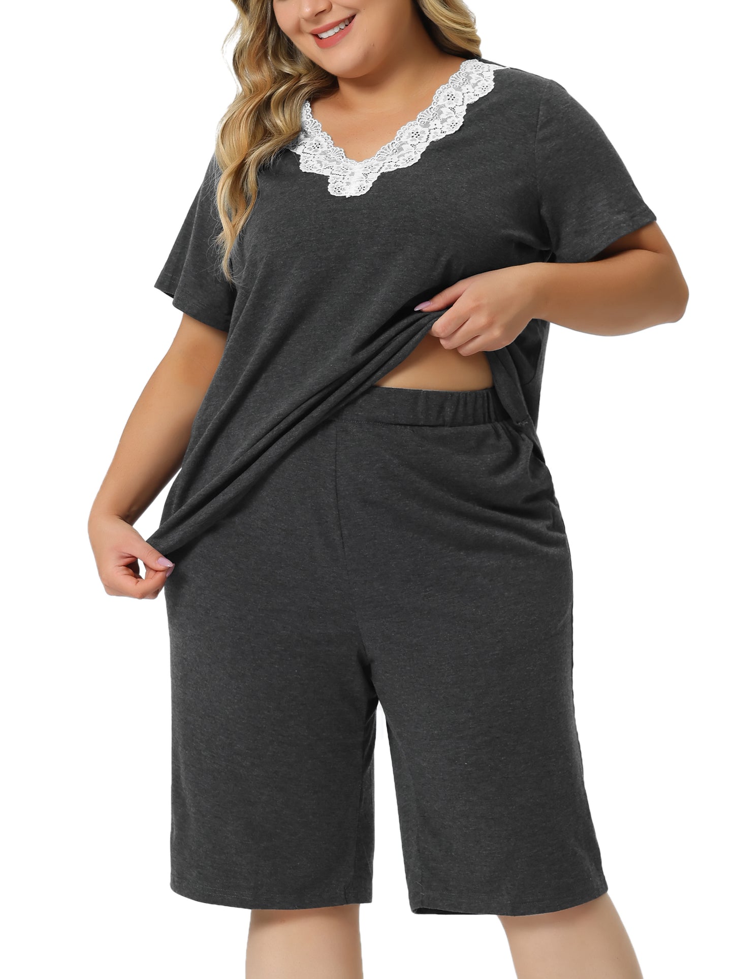 Women Plus Size Pajamas Set Short Sleeve Top and Pants Sleepwear Pajamas Lounge Set
