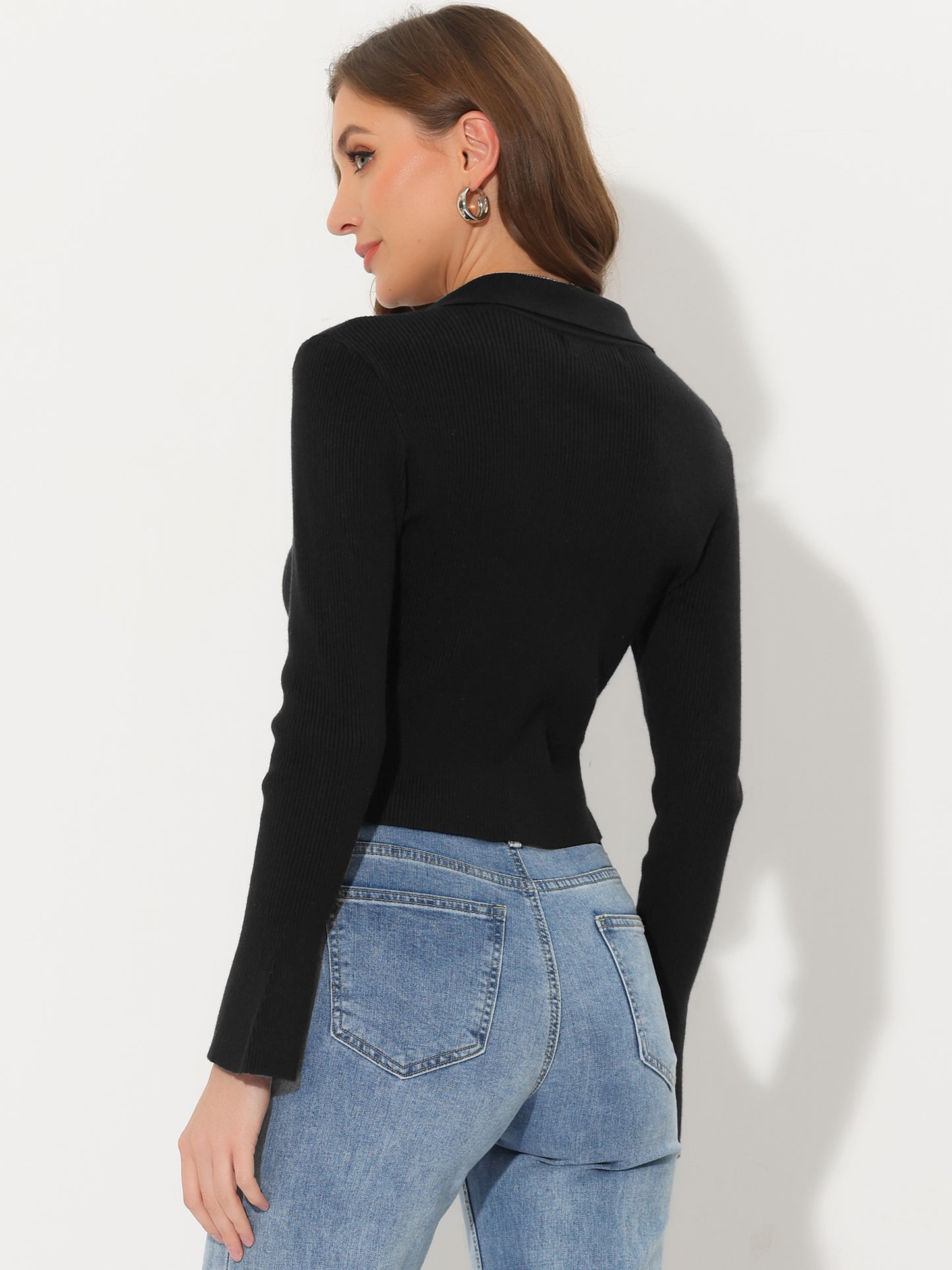 Women's Double Zipper Up Bell Long Sleeve Collared Top Streetwear Ribbed Knitted Crop Top