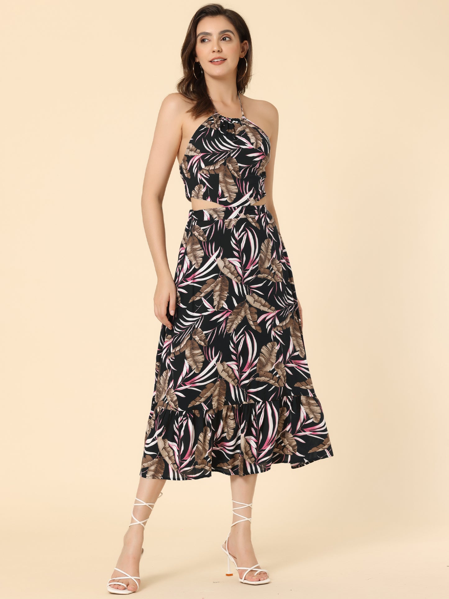 Women's Tropical Floral Sundress Backless Halter Neck Beach Midi Dress