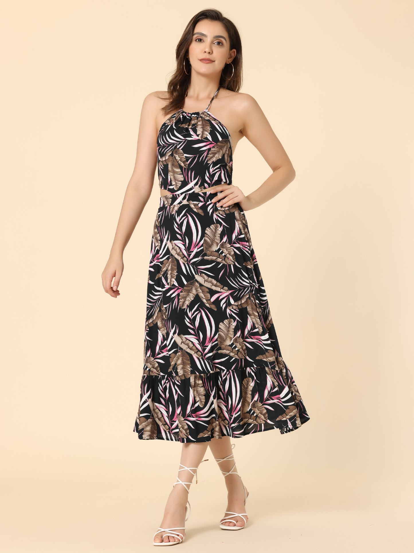 Women's Tropical Floral Sundress Backless Halter Neck Beach Midi Dress