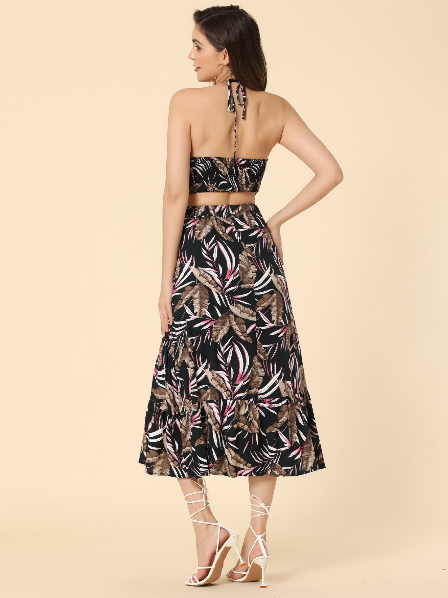 Women's Tropical Floral Sundress Backless Halter Neck Beach Midi Dress