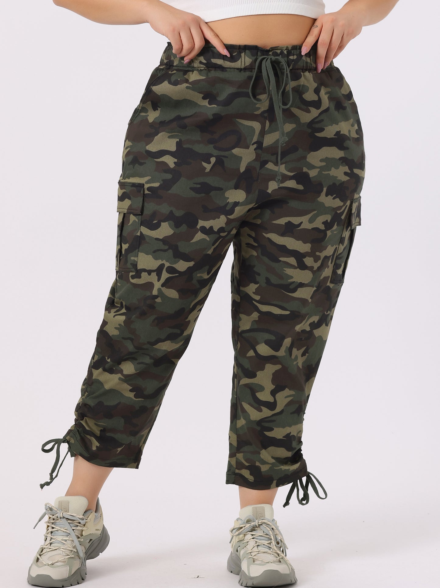 Women's Plus Size Drawstring Elastic Waist Cargo Pants with Pocket