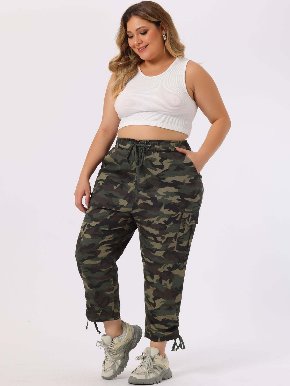 Women's Plus Size Drawstring Elastic Waist Cargo Pants with Pocket