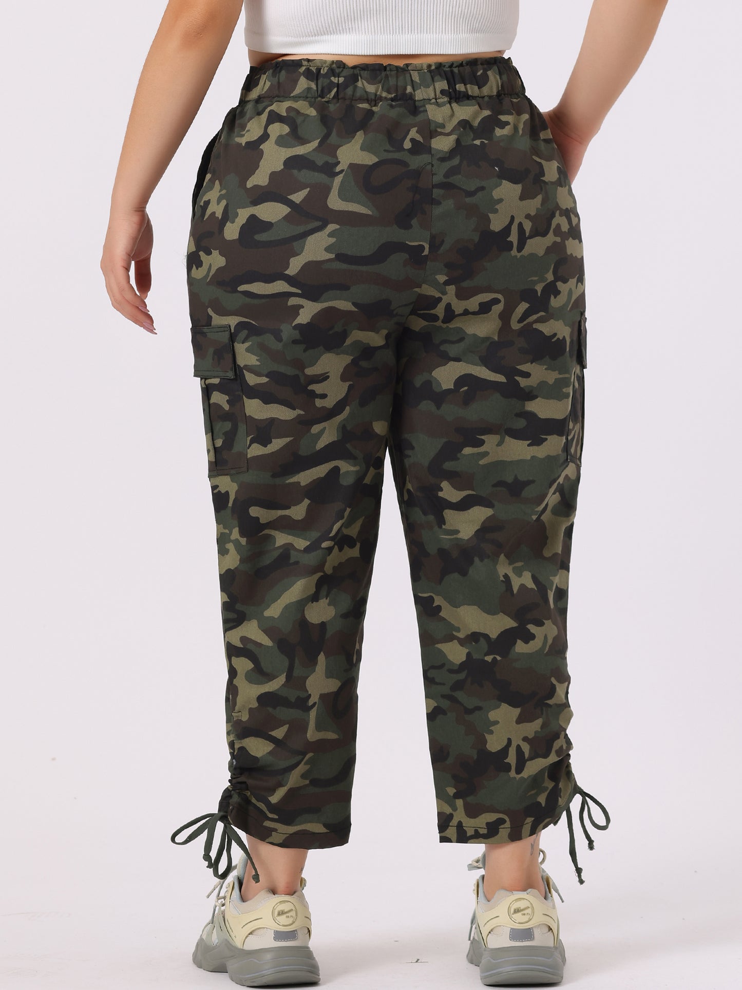 Women's Plus Size Drawstring Elastic Waist Cargo Pants with Pocket