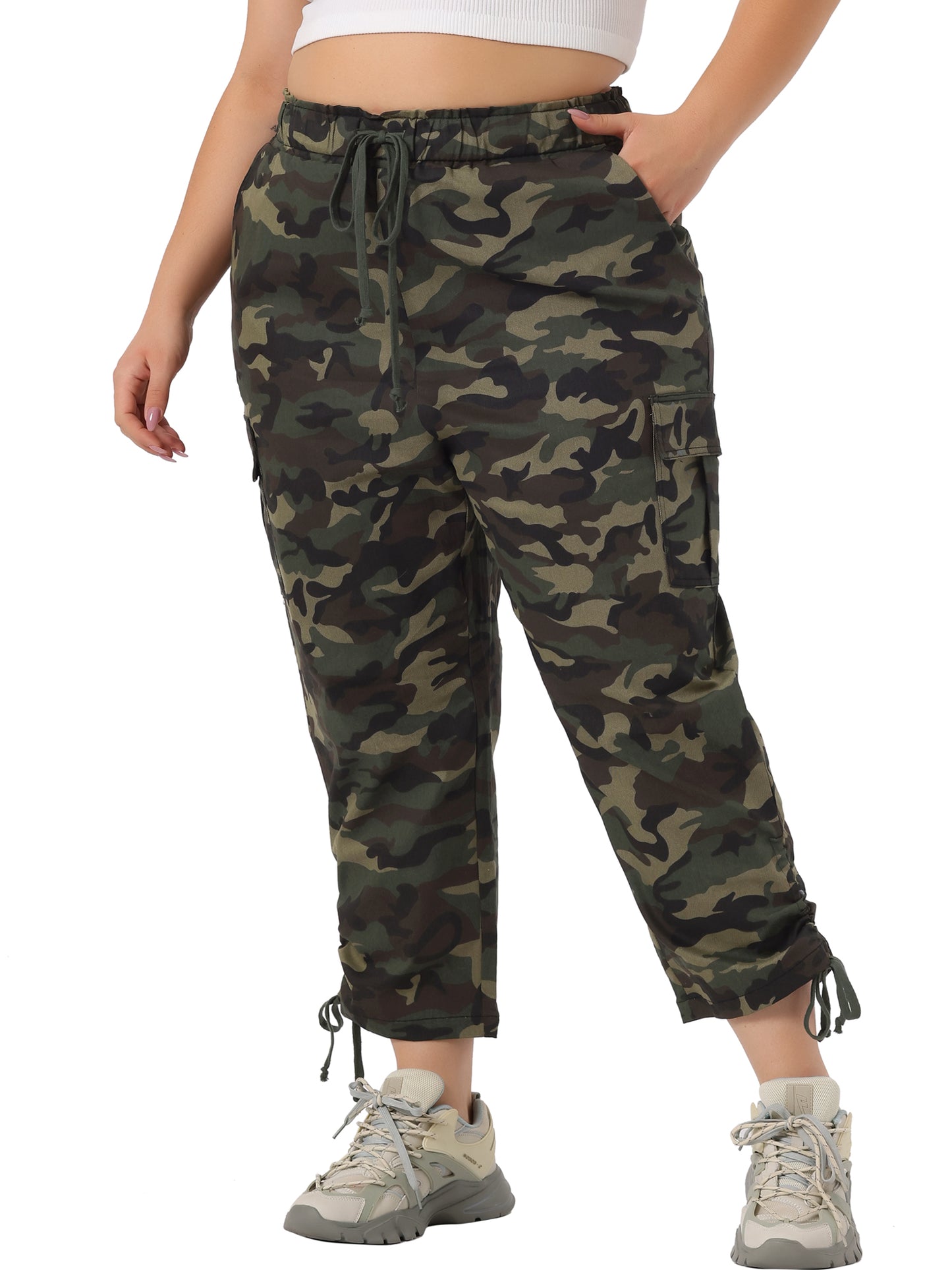 Women's Plus Size Drawstring Elastic Waist Cargo Pants with Pocket