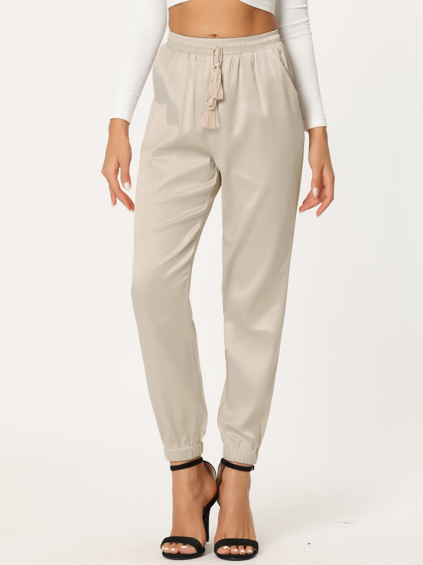 Women's Drawstring Elastic Waist Athleisure Pants Casual Ankle Length Satin Joggers with Pocket
