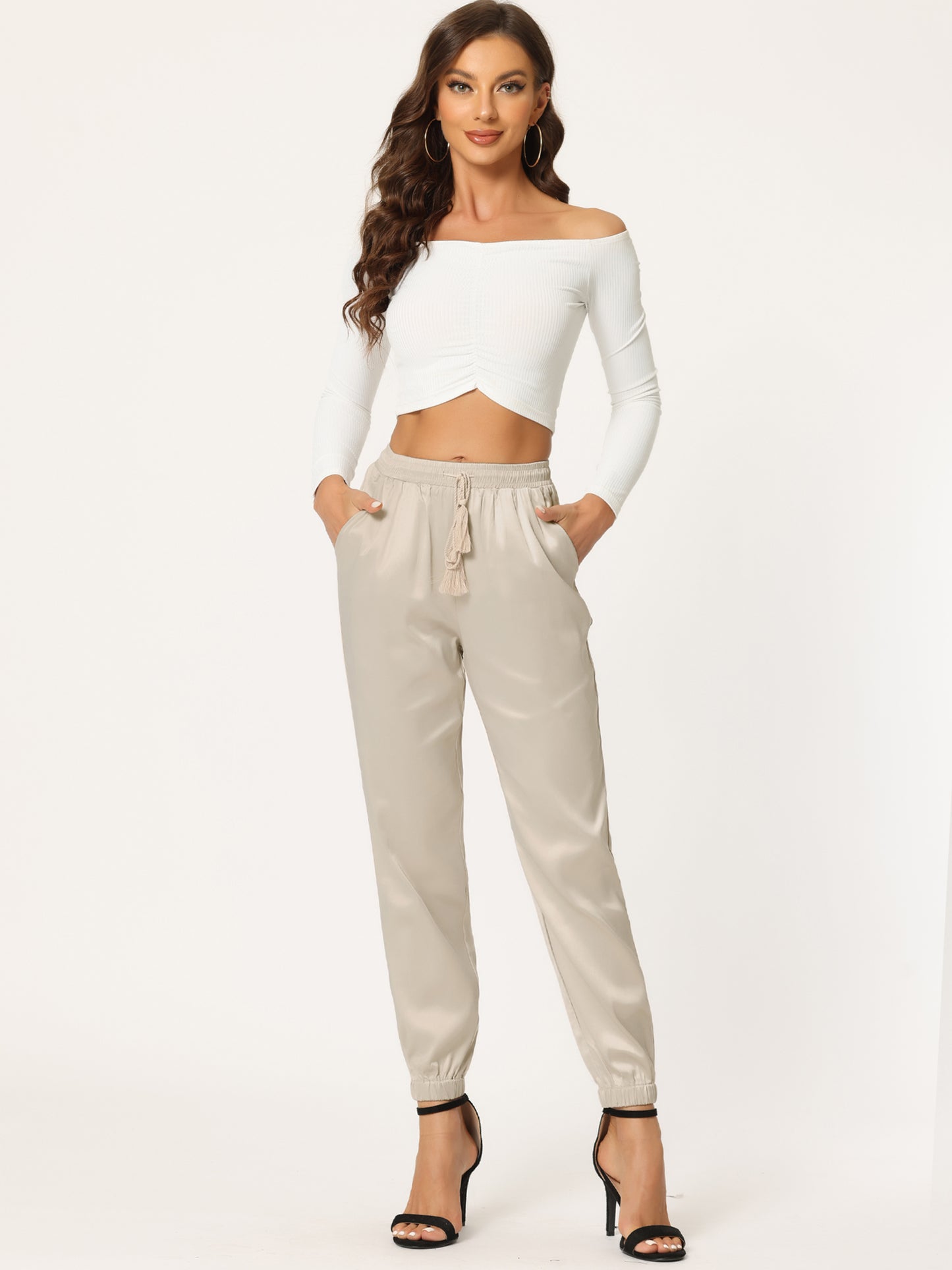 Women's Drawstring Elastic Waist Athleisure Pants Casual Ankle Length Satin Joggers with Pocket