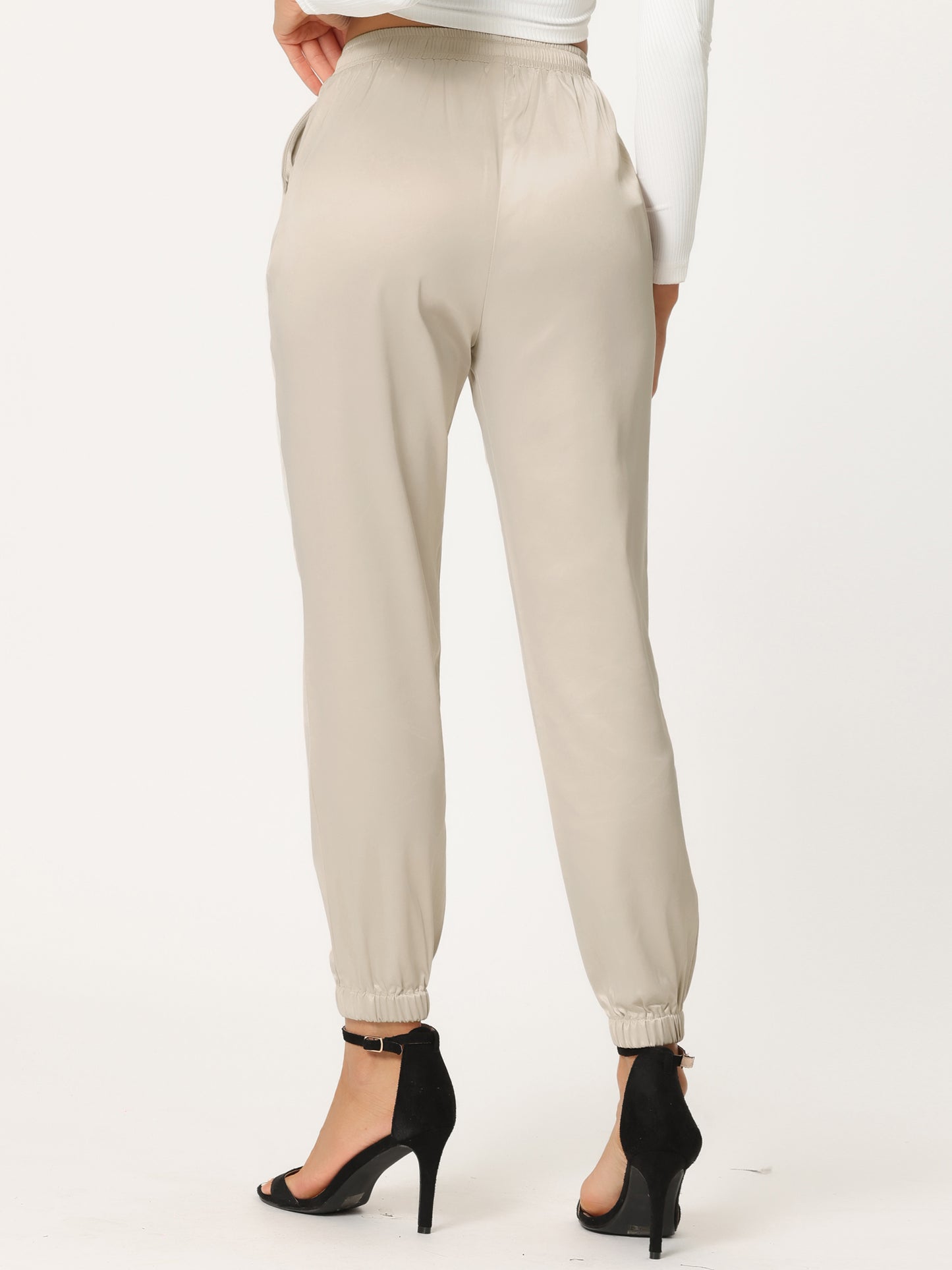 Women's Drawstring Elastic Waist Athleisure Pants Casual Ankle Length Satin Joggers with Pocket