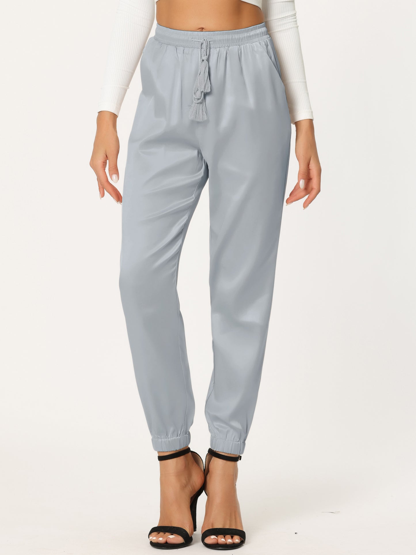 Women's Drawstring Elastic Waist Athleisure Pants Casual Ankle Length Satin Joggers with Pocket
