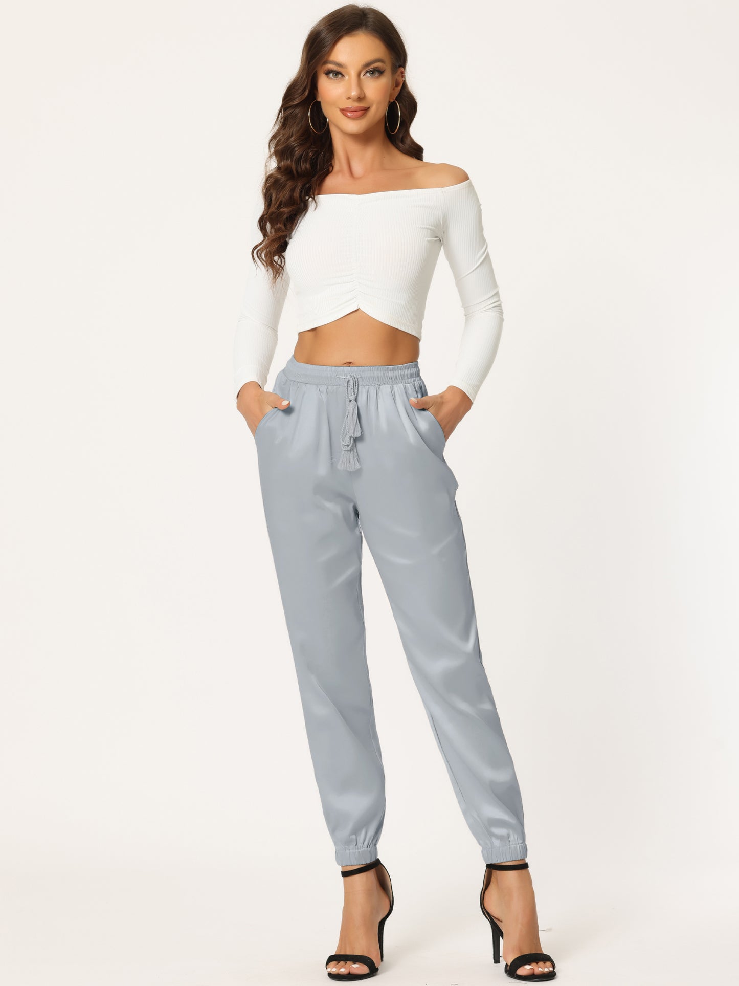 Women's Drawstring Elastic Waist Athleisure Pants Casual Ankle Length Satin Joggers with Pocket