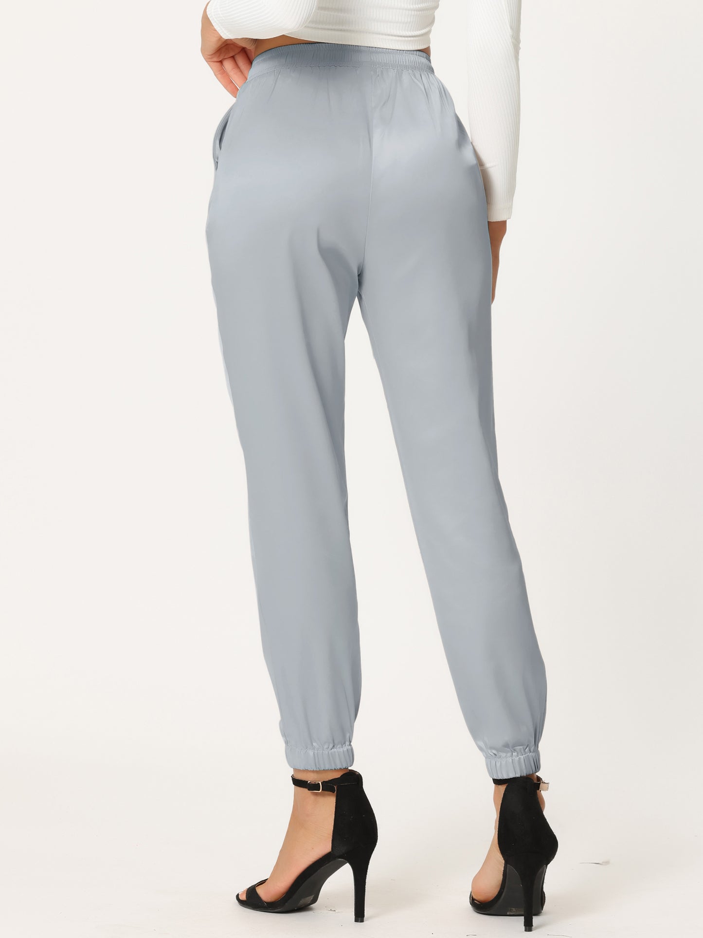 Women's Drawstring Elastic Waist Athleisure Pants Casual Ankle Length Satin Joggers with Pocket