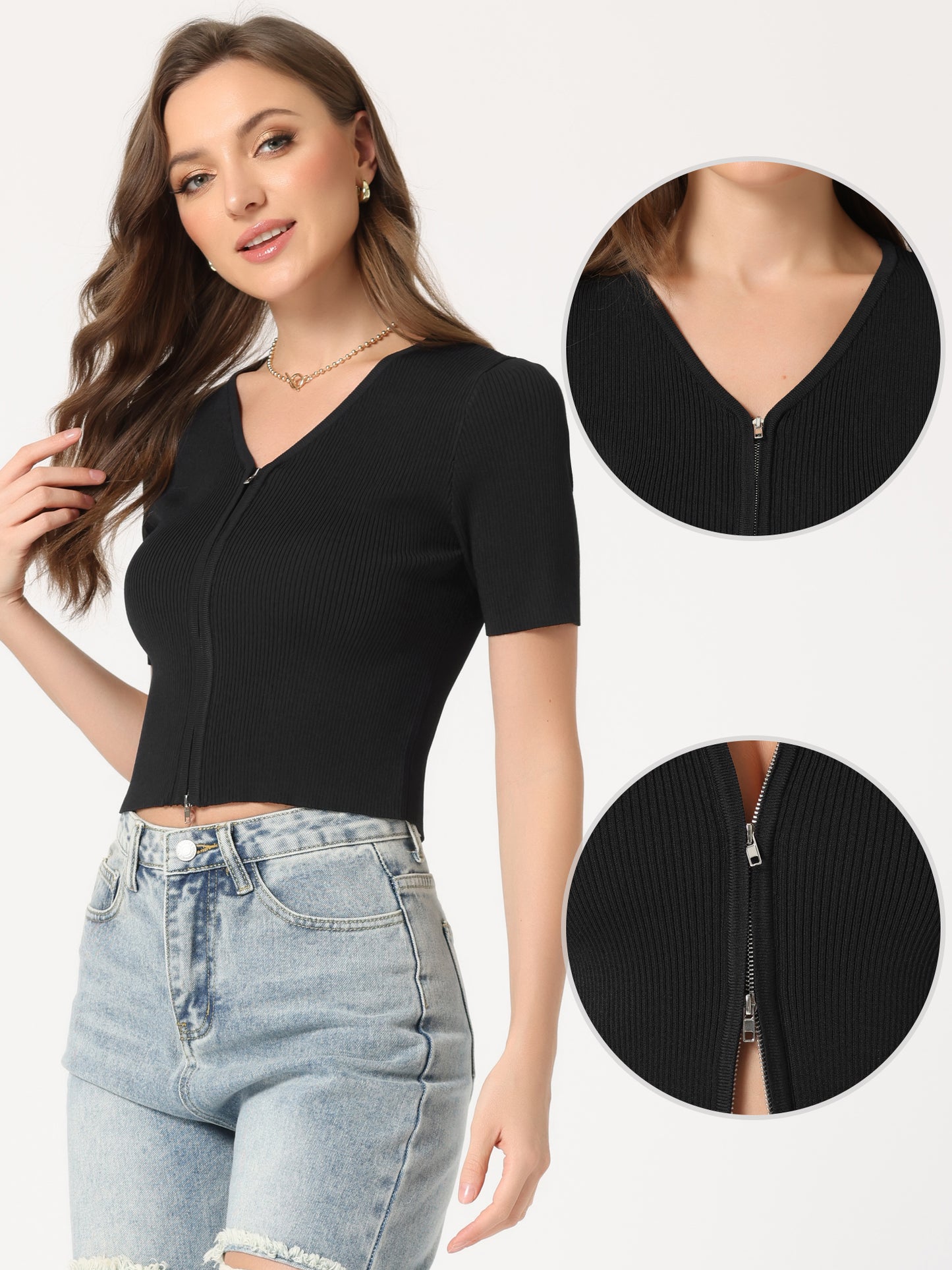 Women's Zip Front Ribbed Knit Crop Casual Short Sleeve Top