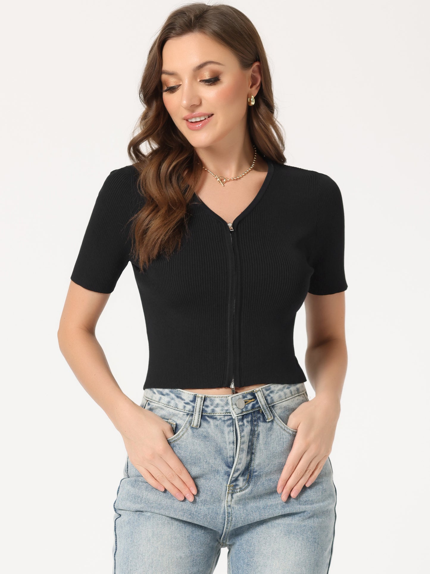Women's Zip Front Ribbed Knit Crop Casual Short Sleeve Top