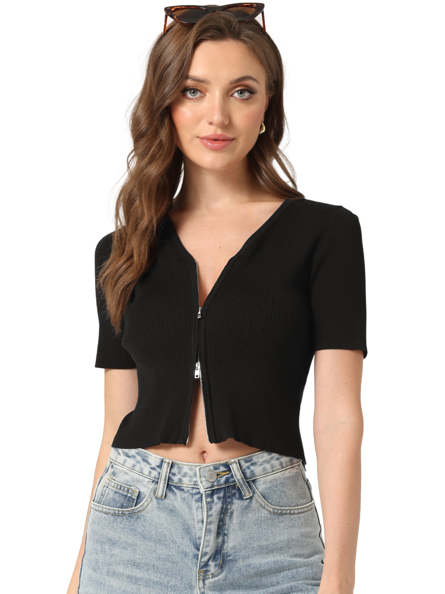 Women's Zip Front Ribbed Knit Crop Casual Short Sleeve Top
