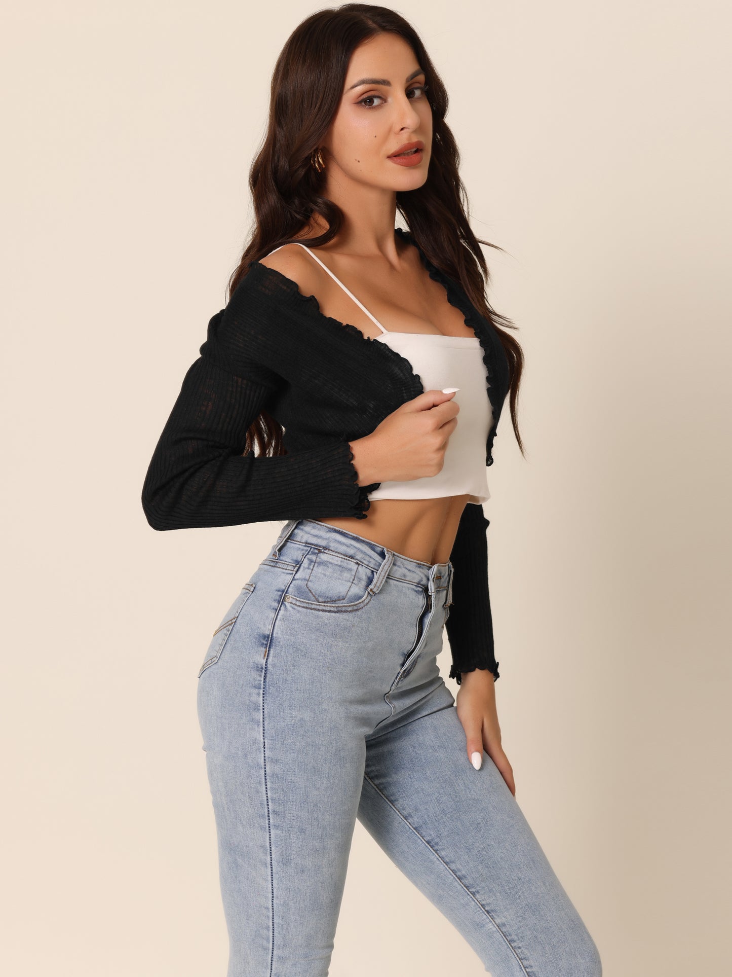 Women's Ribbed Knit Bolero Long Sleeve Ruffle Trim Open Front Crop Shrug